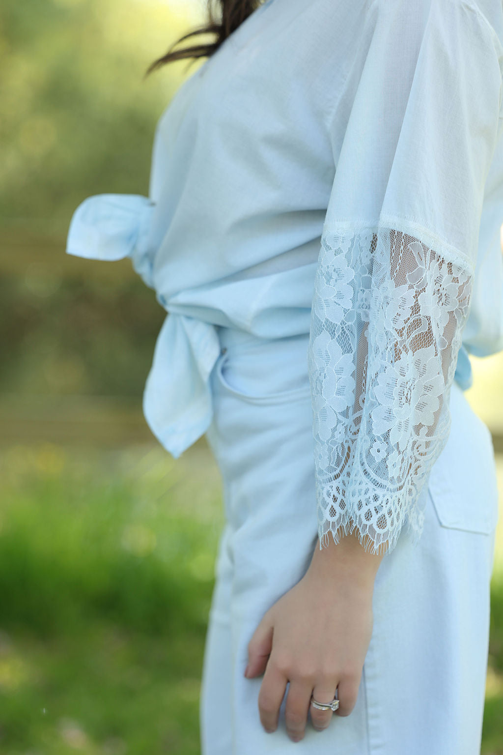 Baby Blue Lace-Cuff Tie Shirt