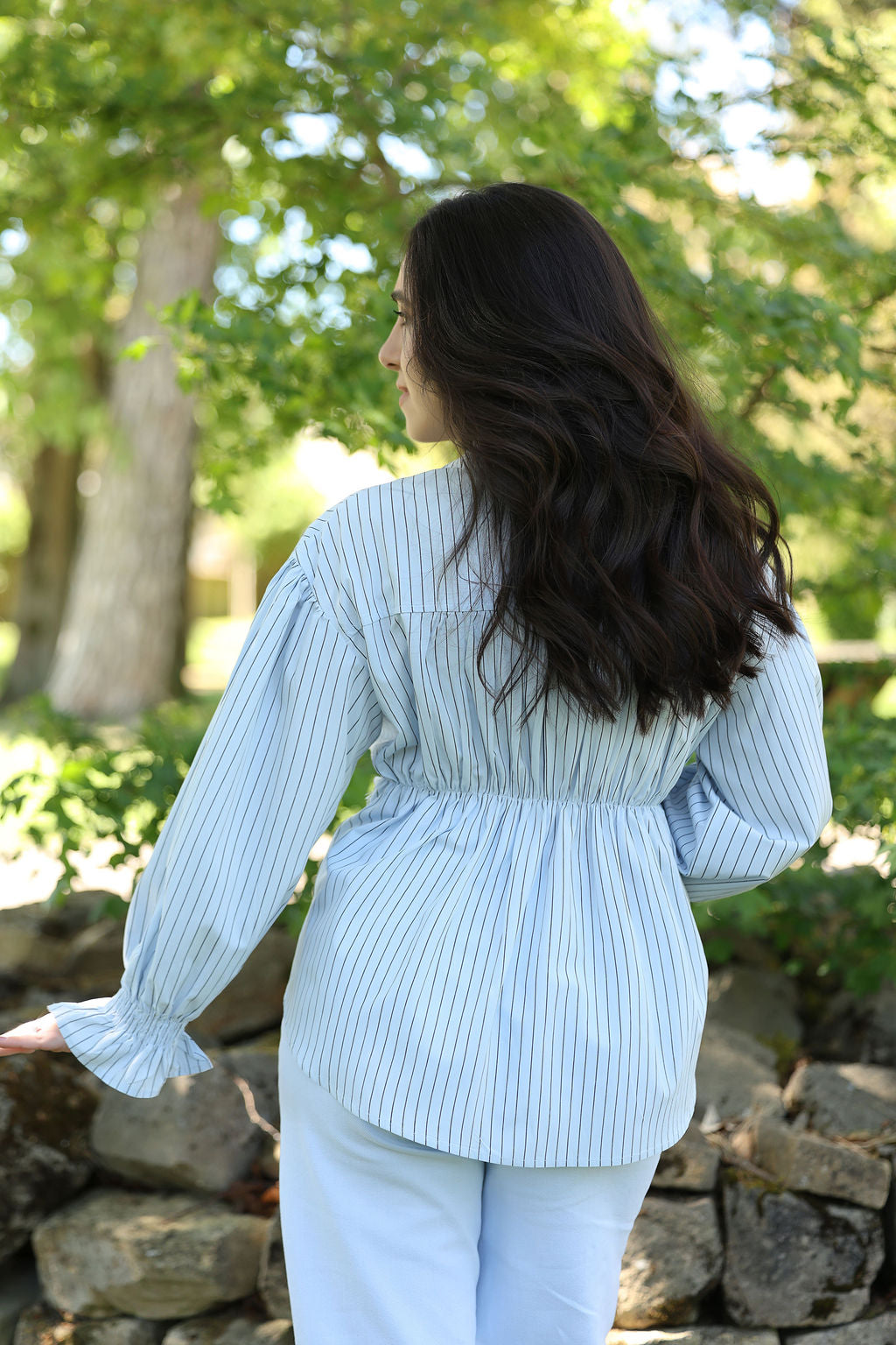 Blue Pinstripe Lace Panel Shirt