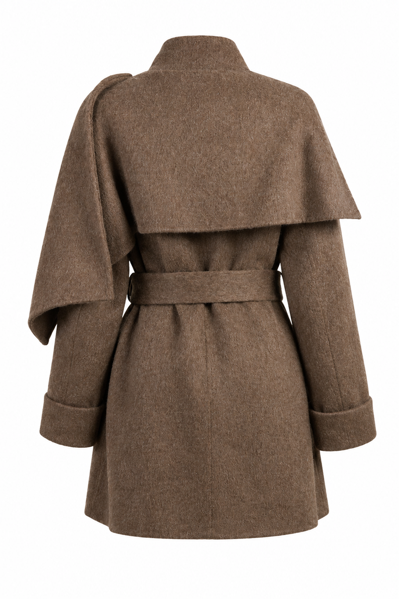 Wool Belted Coat with Poncho Collar