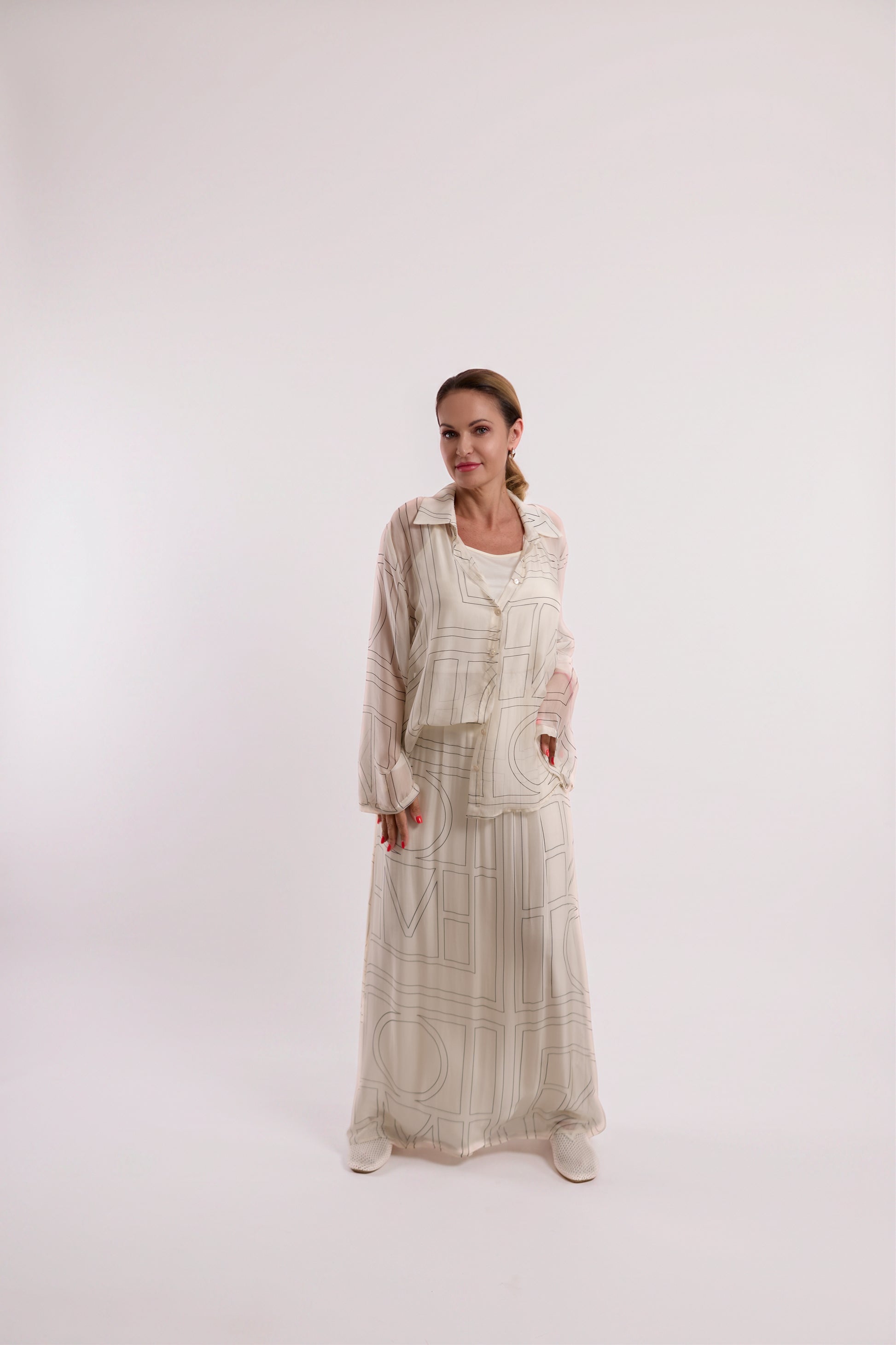 Cream Sheer Graphic-Print Maxi Skirt