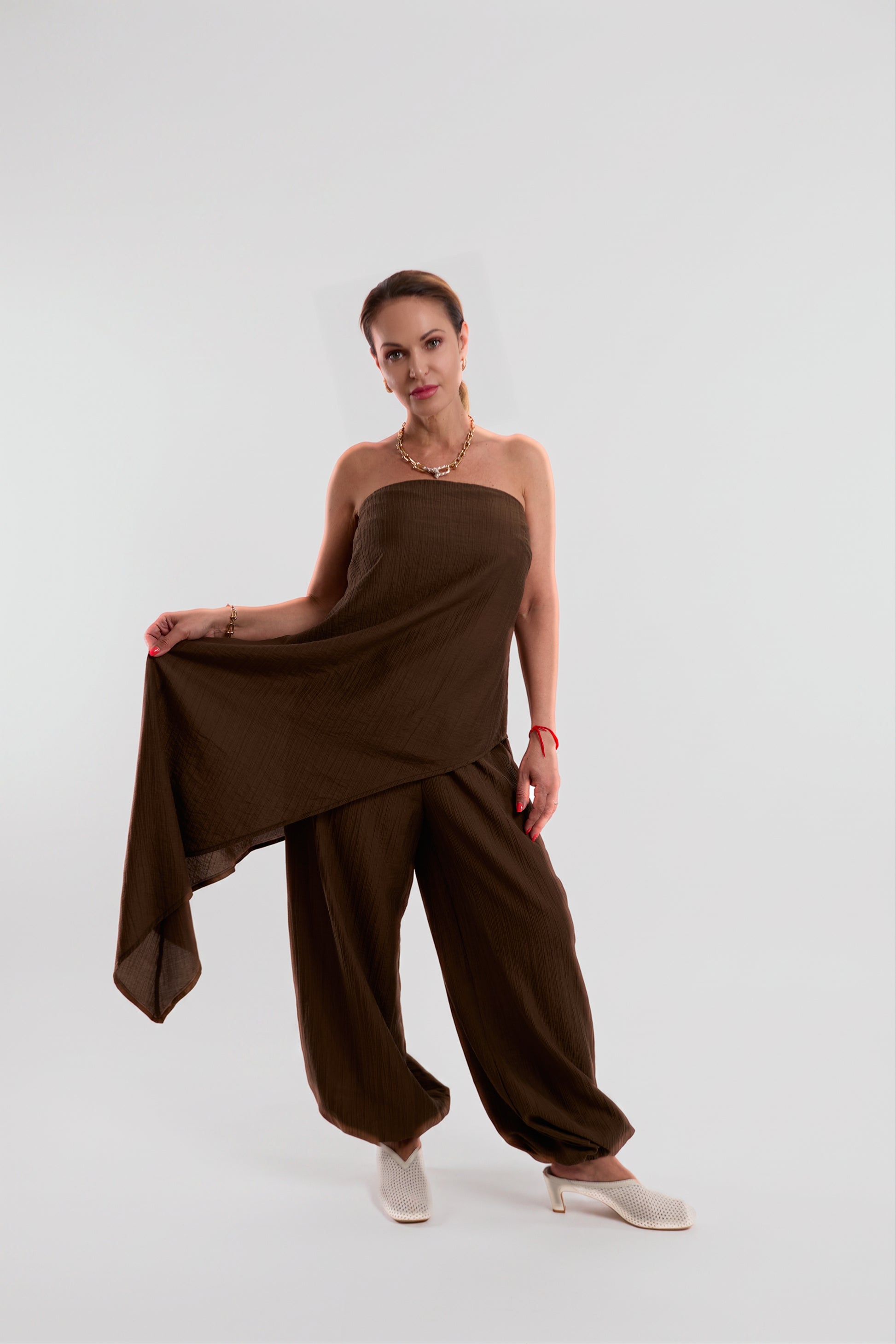 Brown Strapless Wrap-Hem Top