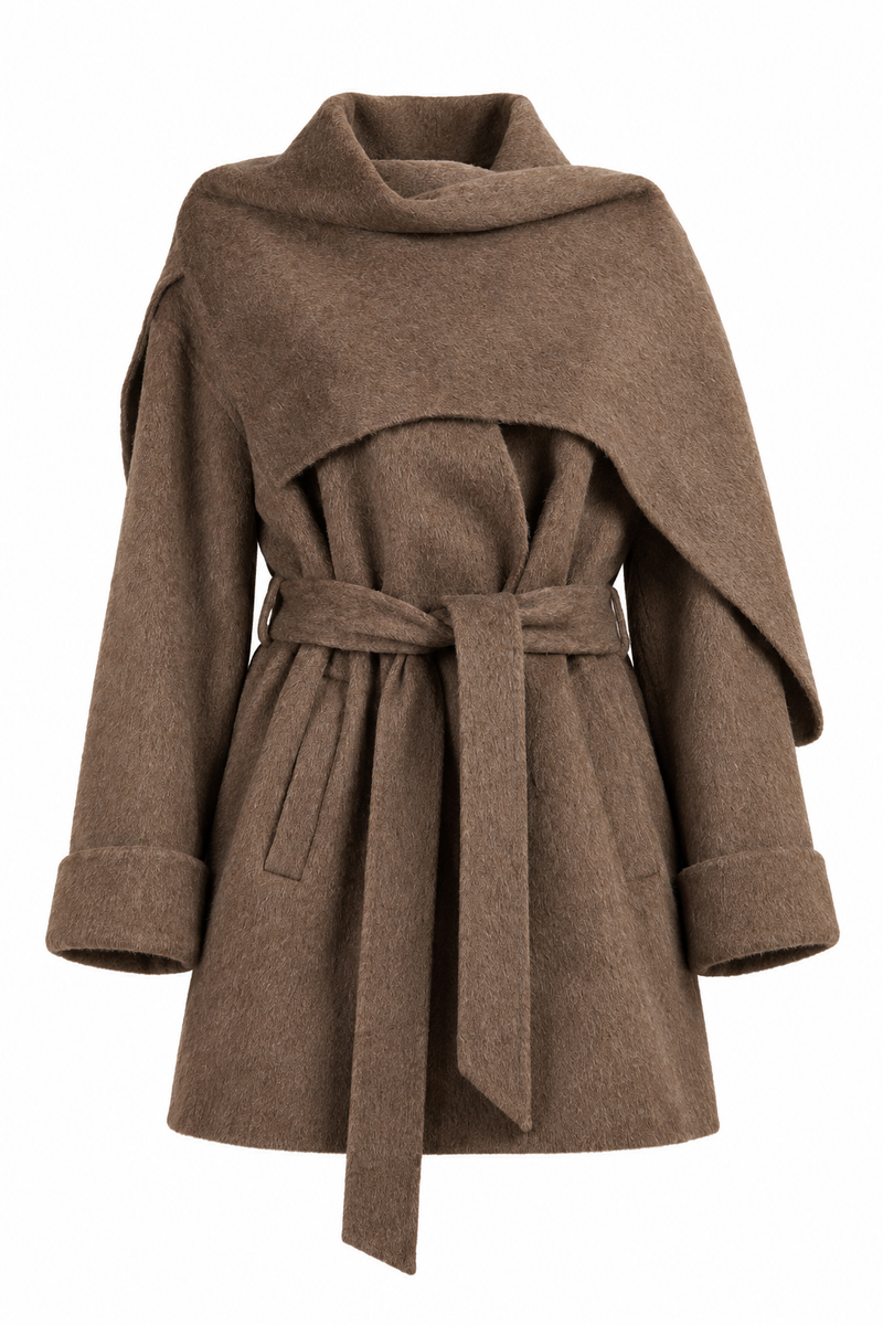 Wool Belted Coat with Poncho Collar Brown