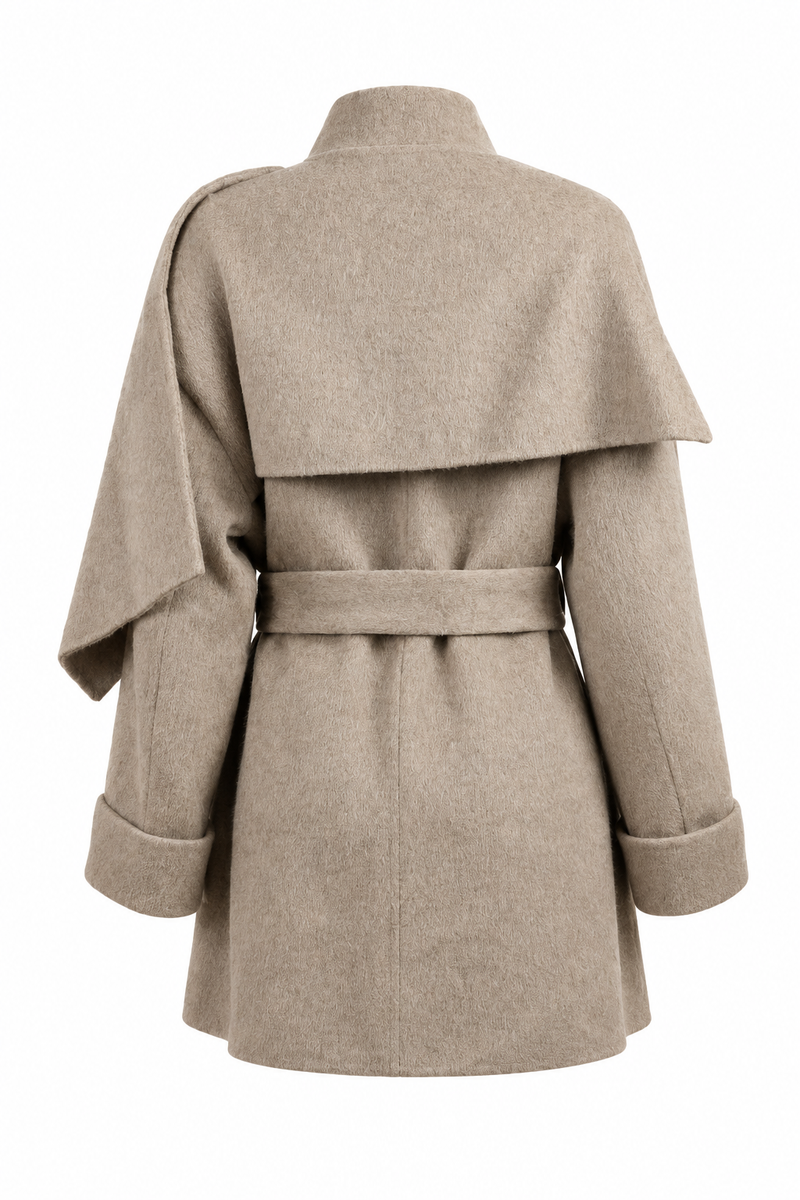 Wool Belted Coat with Poncho Collar