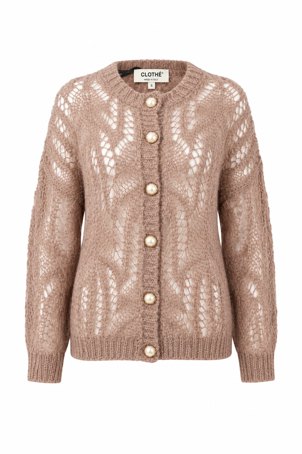 Open-Knit Pearl-Button Cardigan Pink