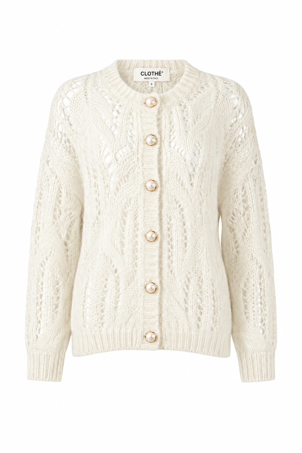 Open-Knit Pearl-Button Cardigan White