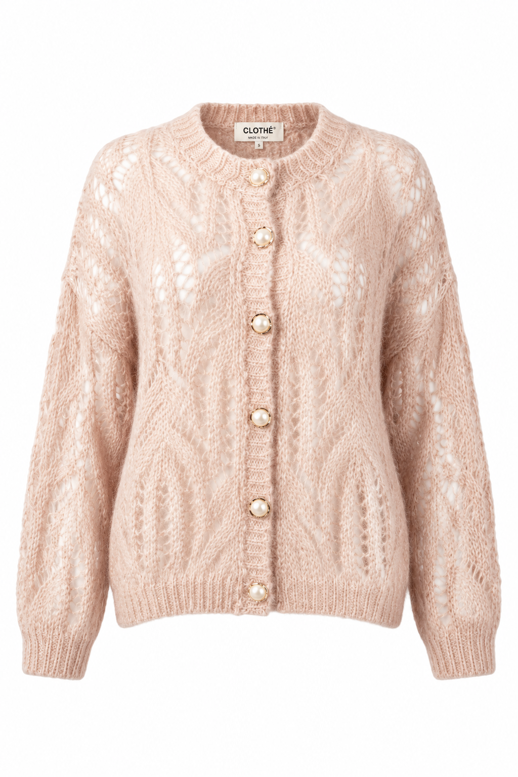 Open-Knit Pearl-Button Cardigan