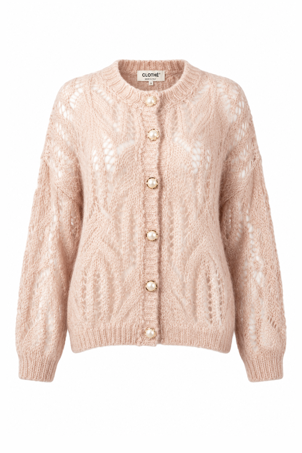 Open-Knit Pearl-Button Cardigan Cream