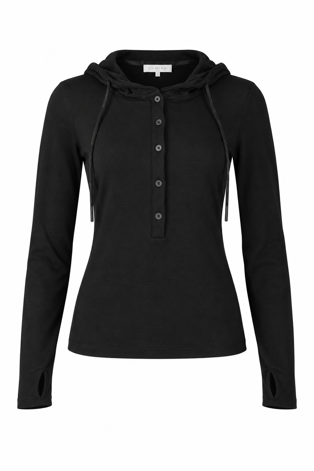 Ribbed Hooded Henley Top Black