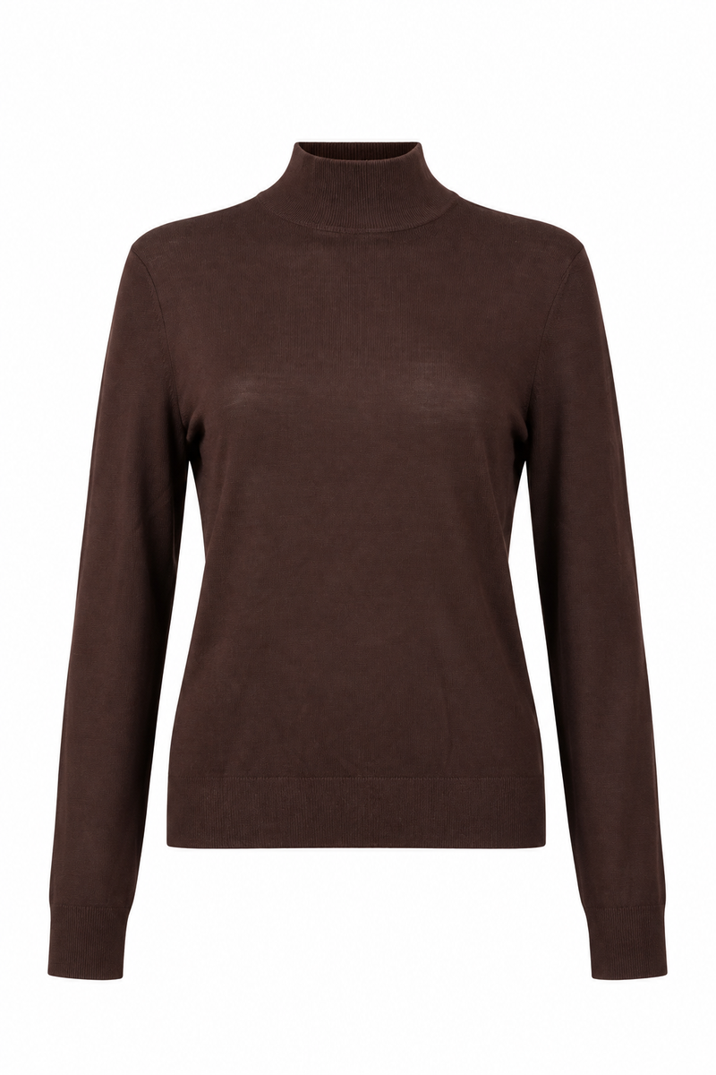 Brown Fine-Knit Mock Neck Sweater