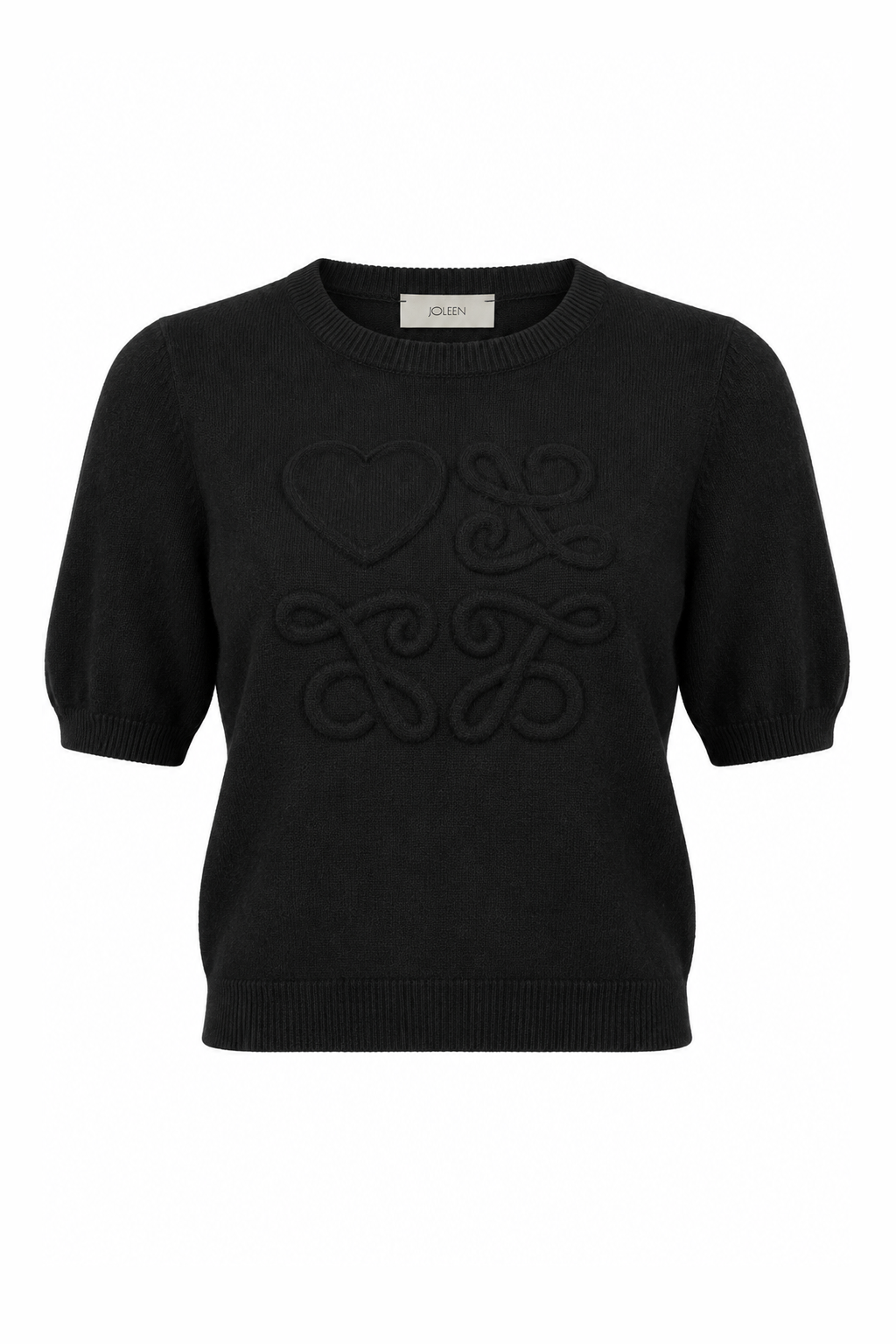 Puff-Sleeve Knit Short-Sleeve Top Black