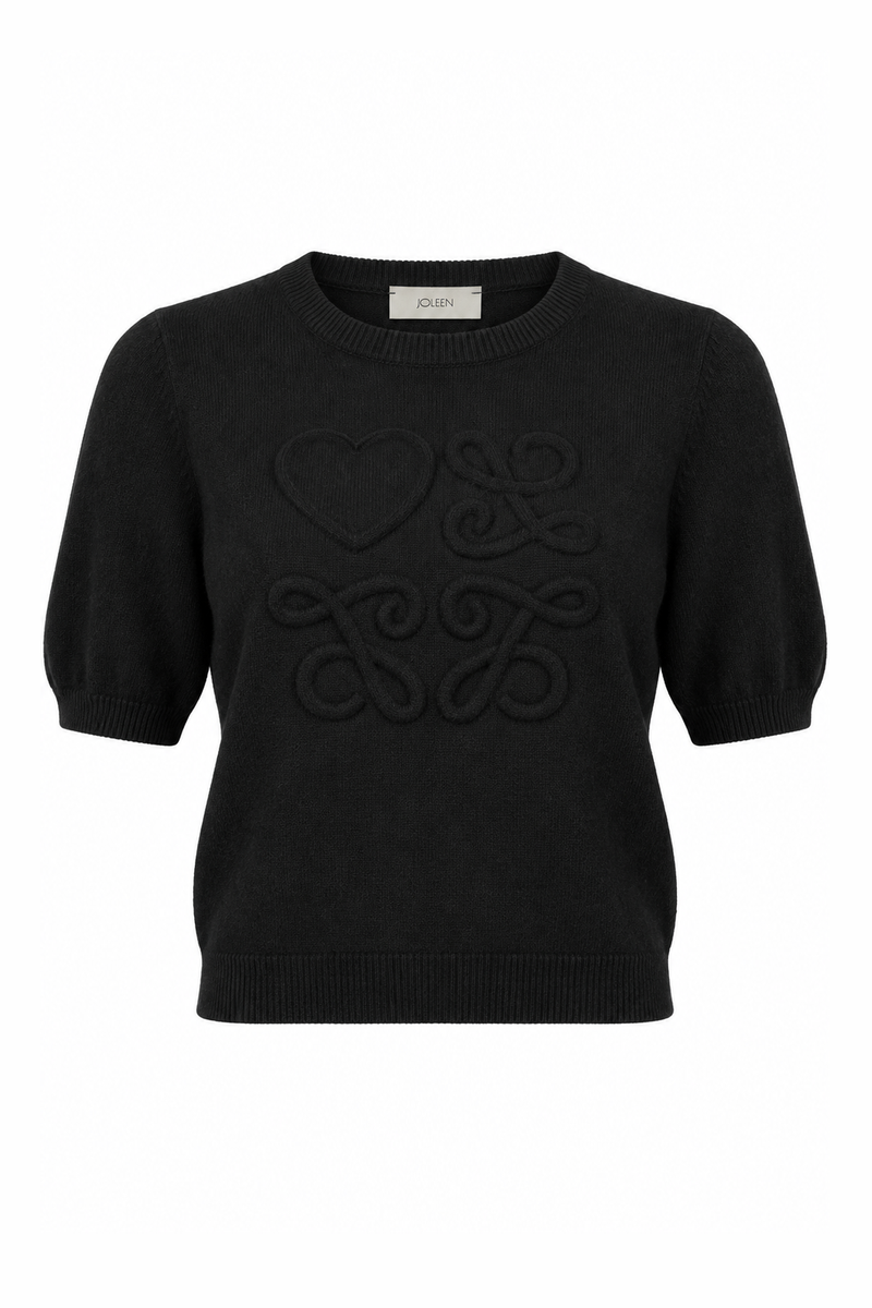 Puff-Sleeve Knit Short-Sleeve Top Black
