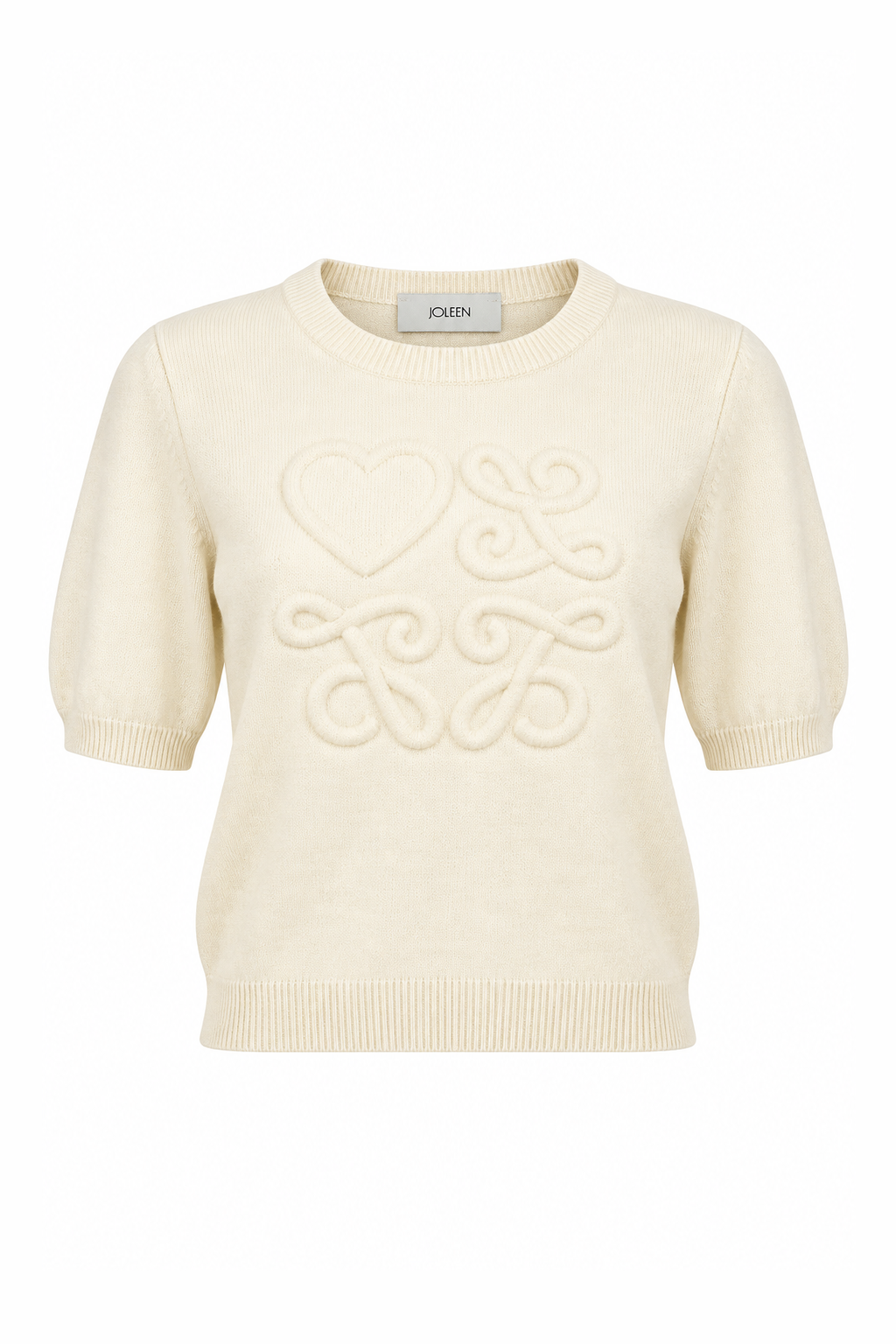 Puff-Sleeve Knit Short-Sleeve Top Cream