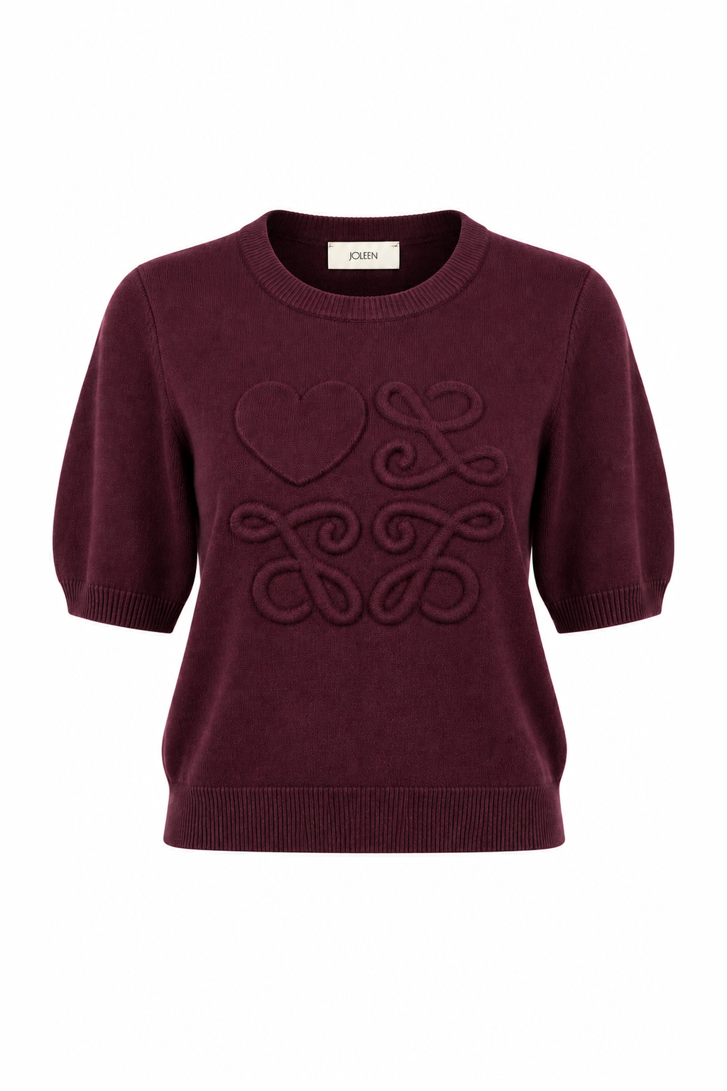 Puff-Sleeve Knit Short-Sleeve Top Red