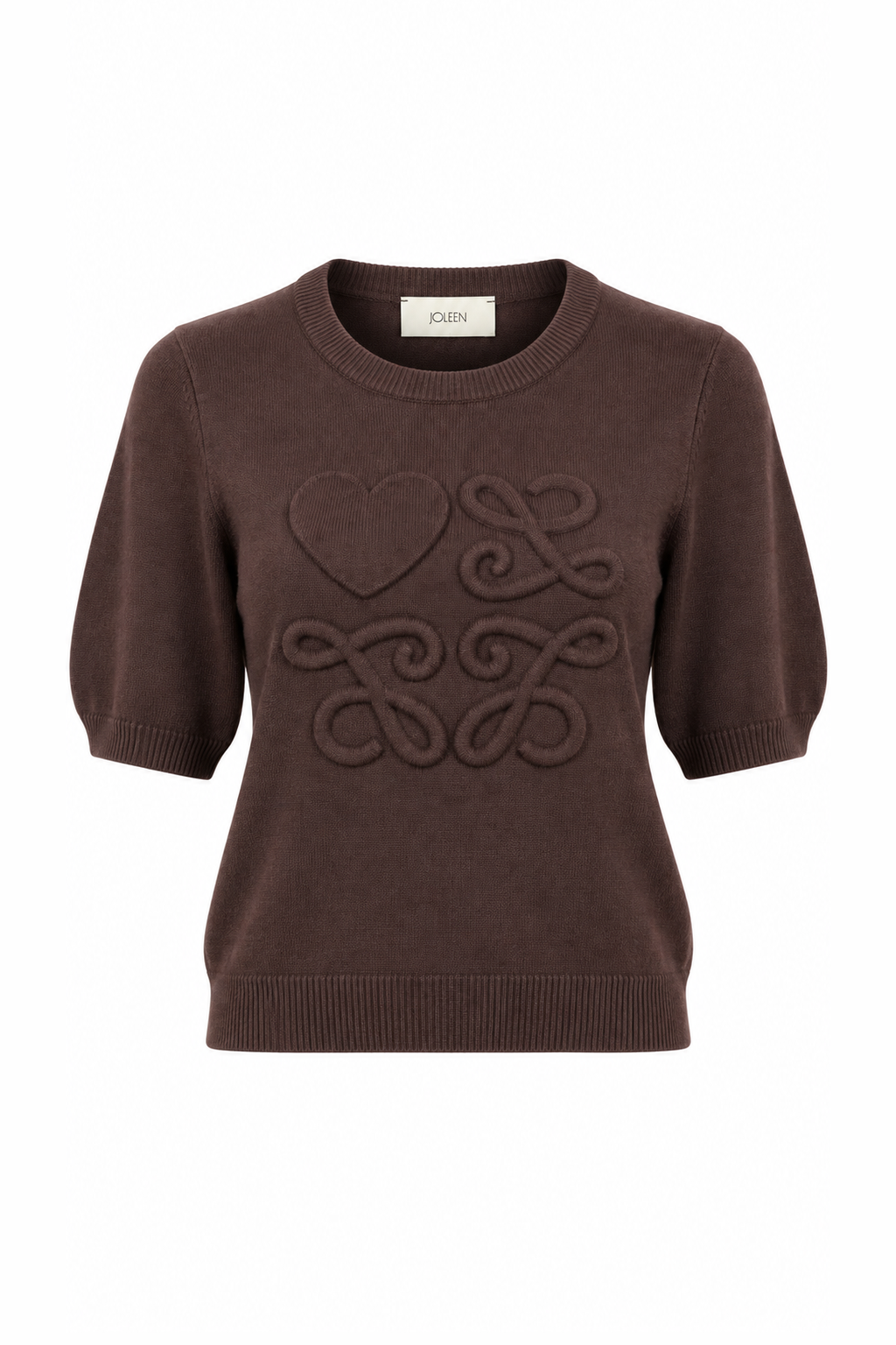 Puff-Sleeve Knit Short-Sleeve Top Brown