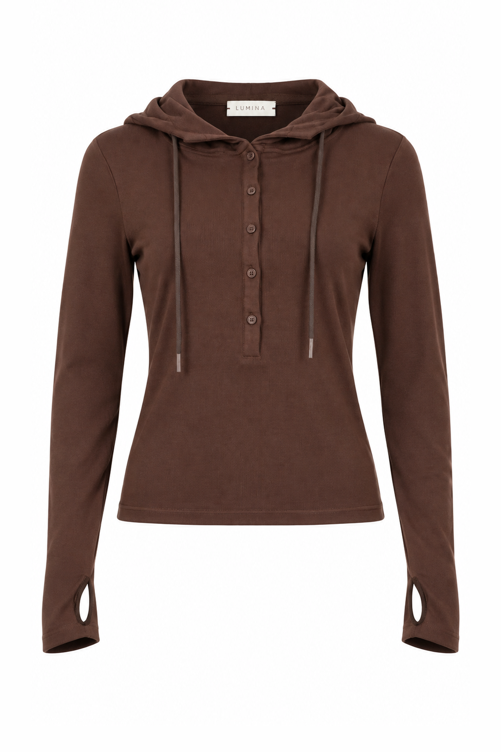 Ribbed Hooded Henley Top Brown