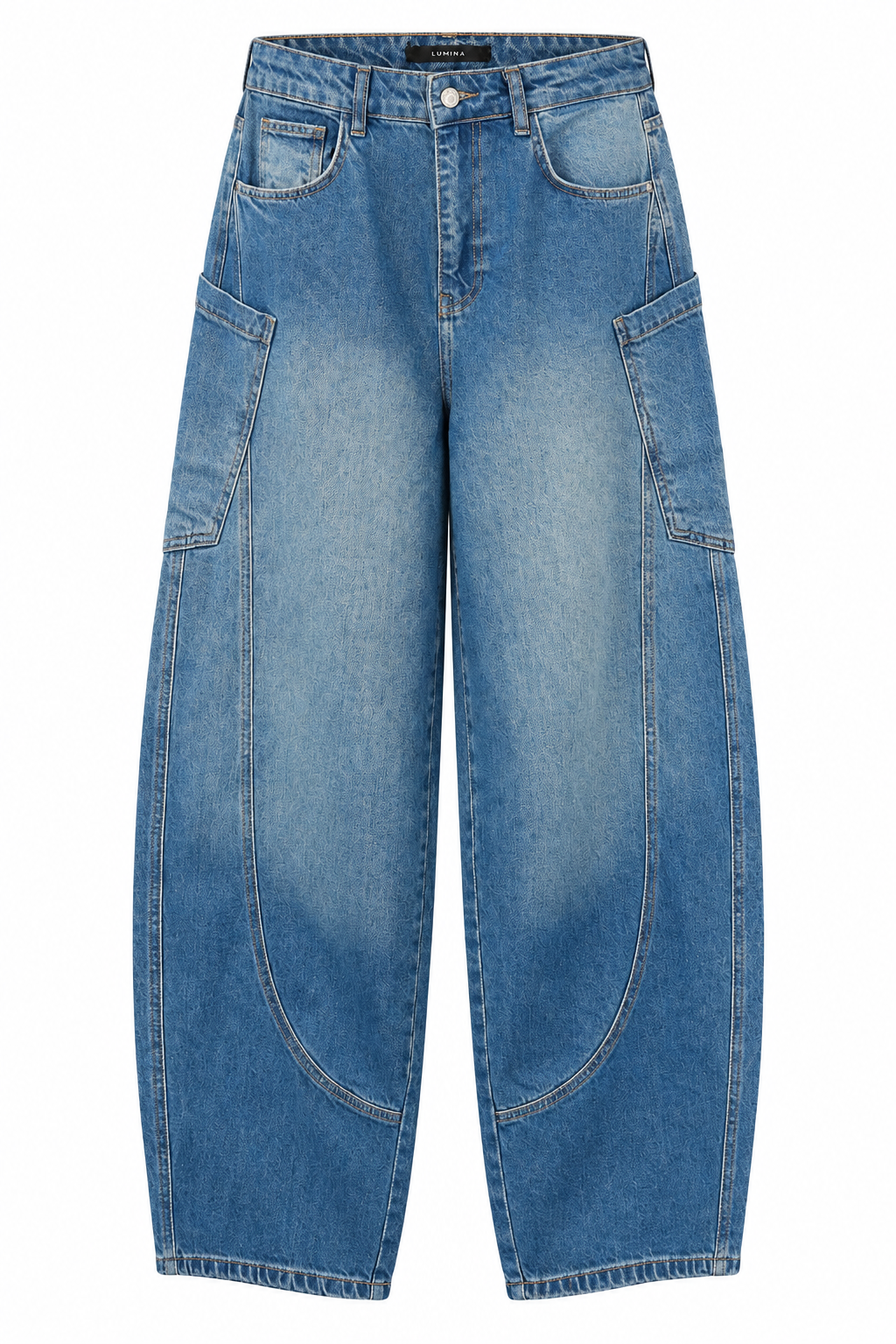 Denim Barrel-Leg Cargo Jeans