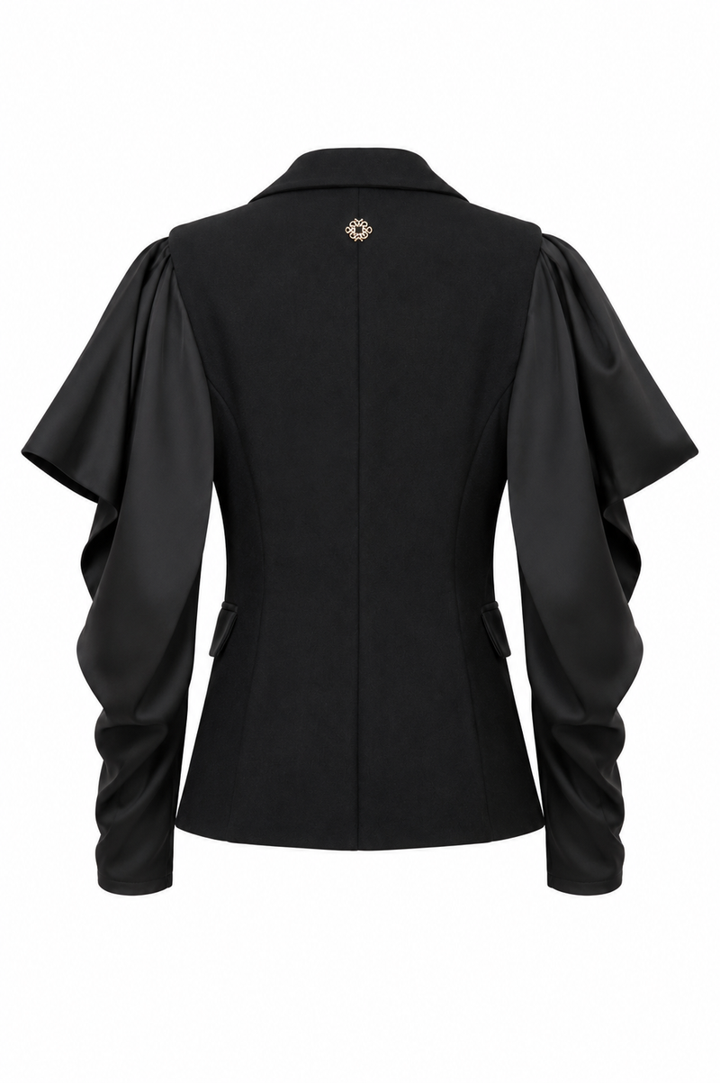 Black Statement Blazer with Draped Sleeves