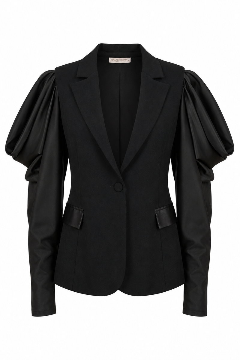 Black Statement Blazer with Draped Sleeves