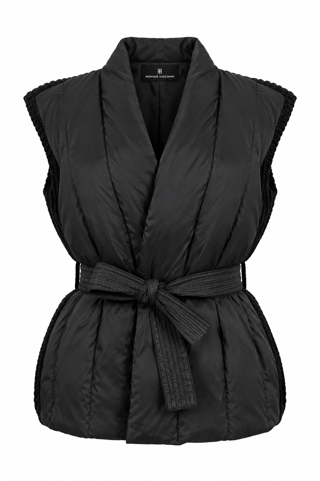 Quilted Knit-Back Belted Vest