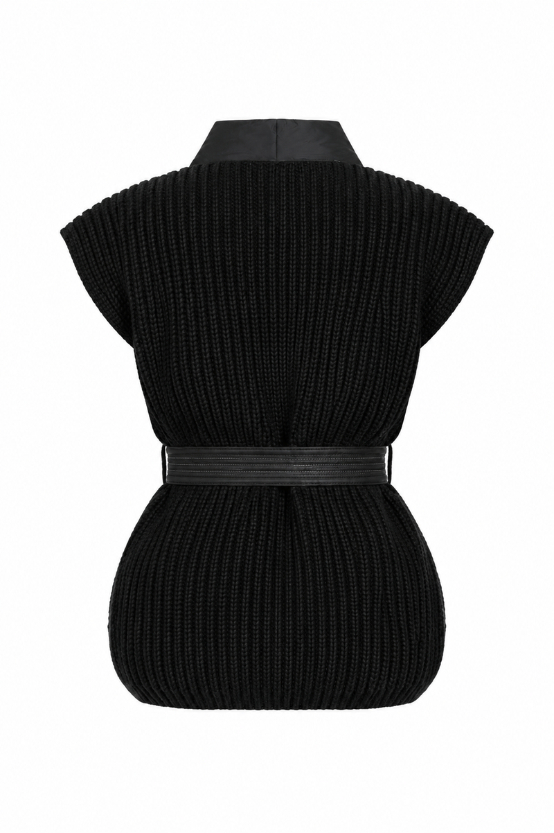 Quilted Knit-Back Belted Vest