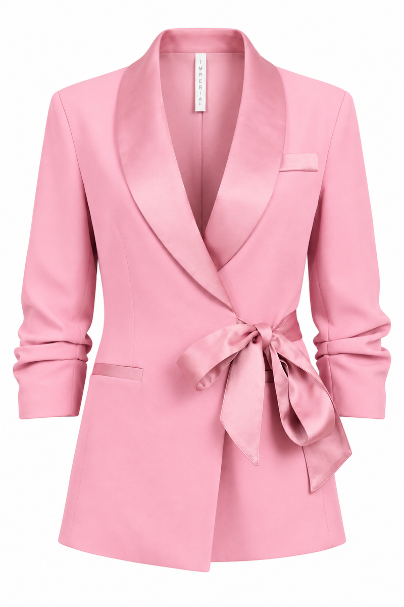 Pink Satin-Lapel Belted Blazer