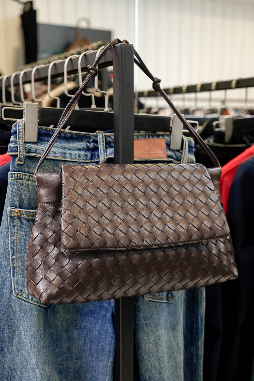 Brown Woven Leather Flap Shoulder Bag