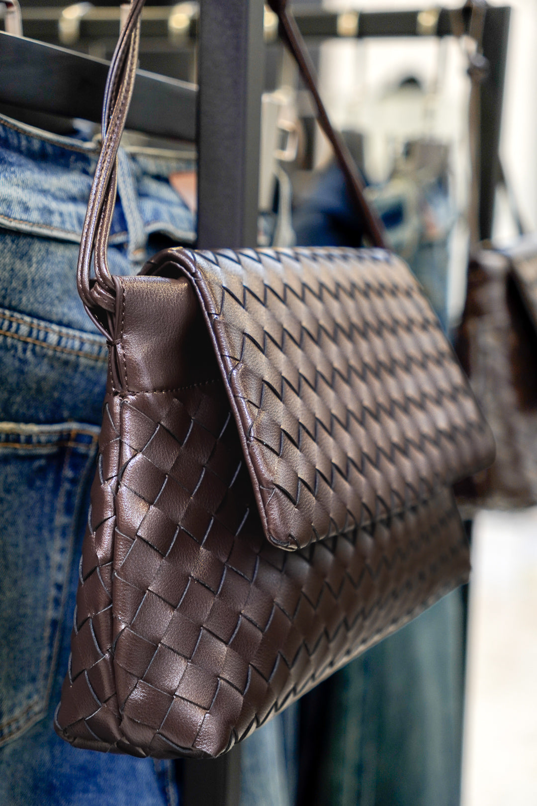 Brown Woven Leather Flap Shoulder Bag