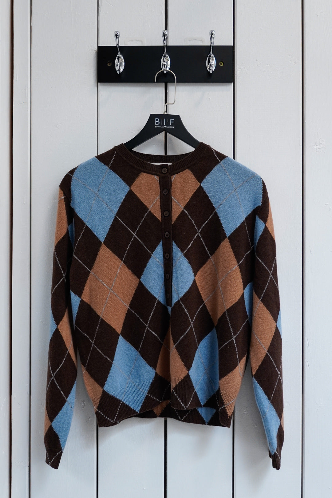 Brown Blue Argyle Button-Up Cardigan