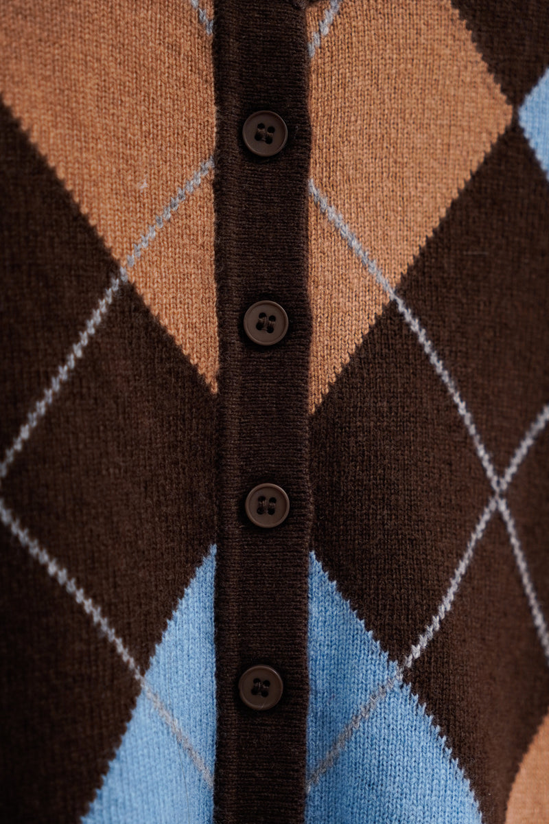 Brown Blue Argyle Button-Up Cardigan