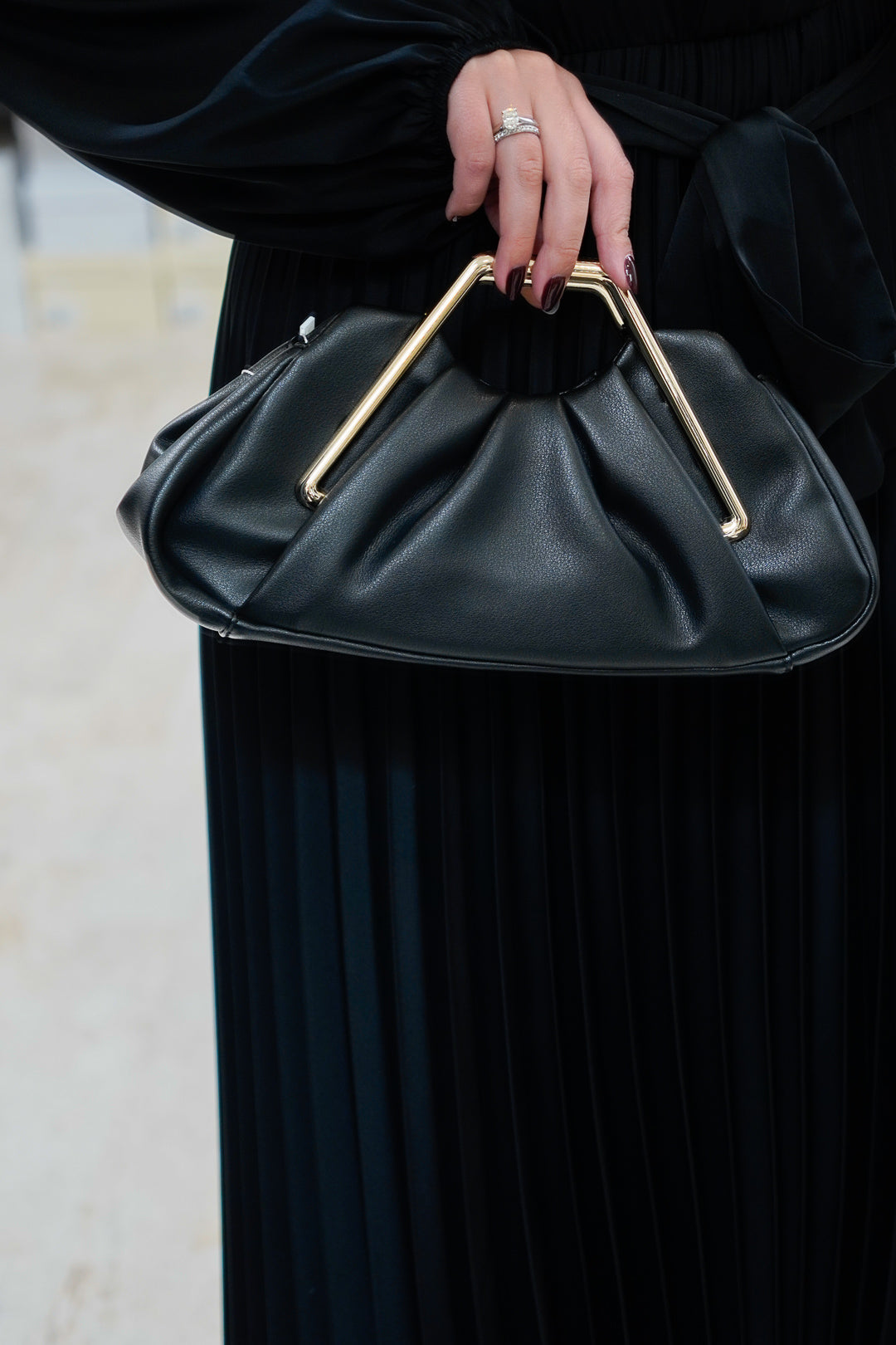 Black Ruched Clutch with Gold Handle
