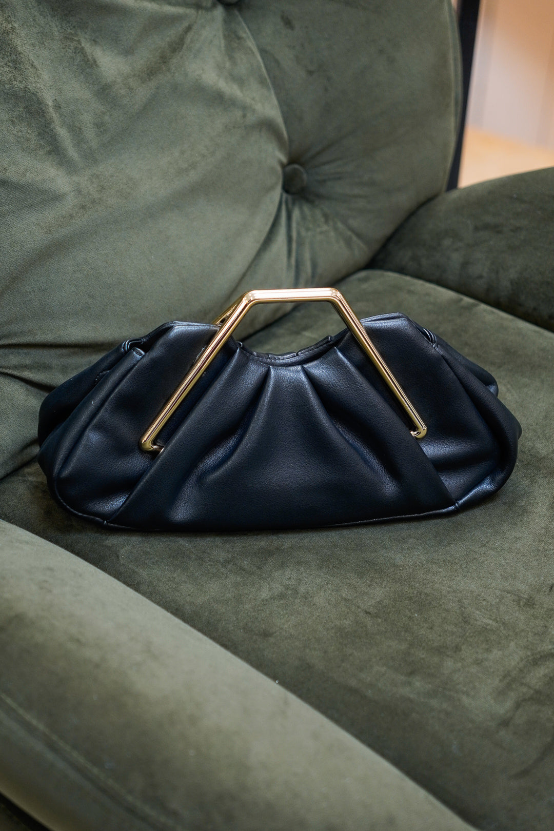 Black Ruched Clutch with Gold Handle