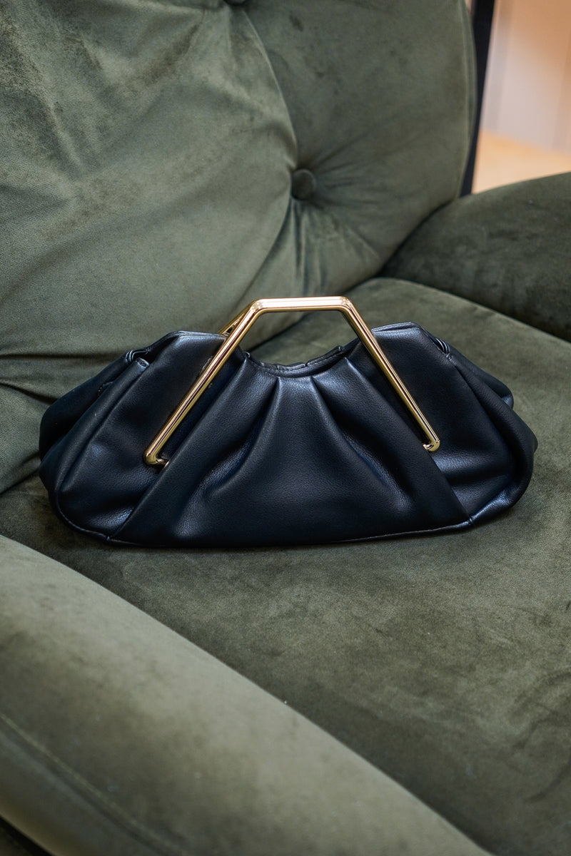 Black Ruched Clutch with Gold Handle