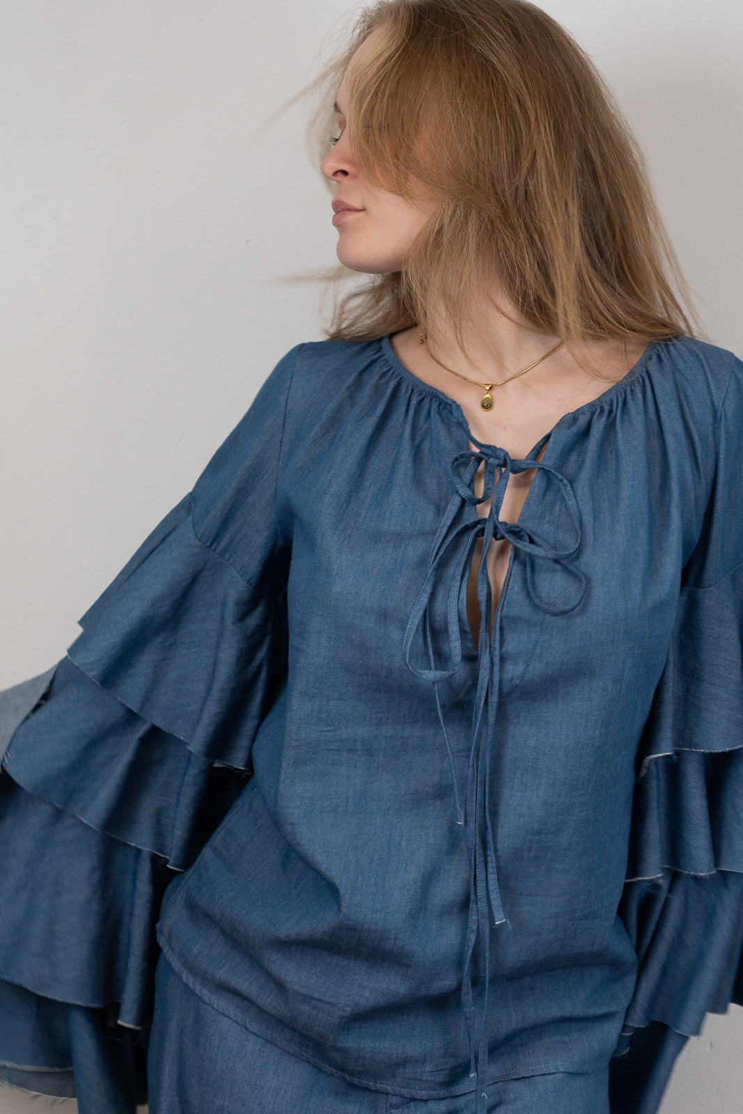 Denim Ruffled-Sleeve Blouse