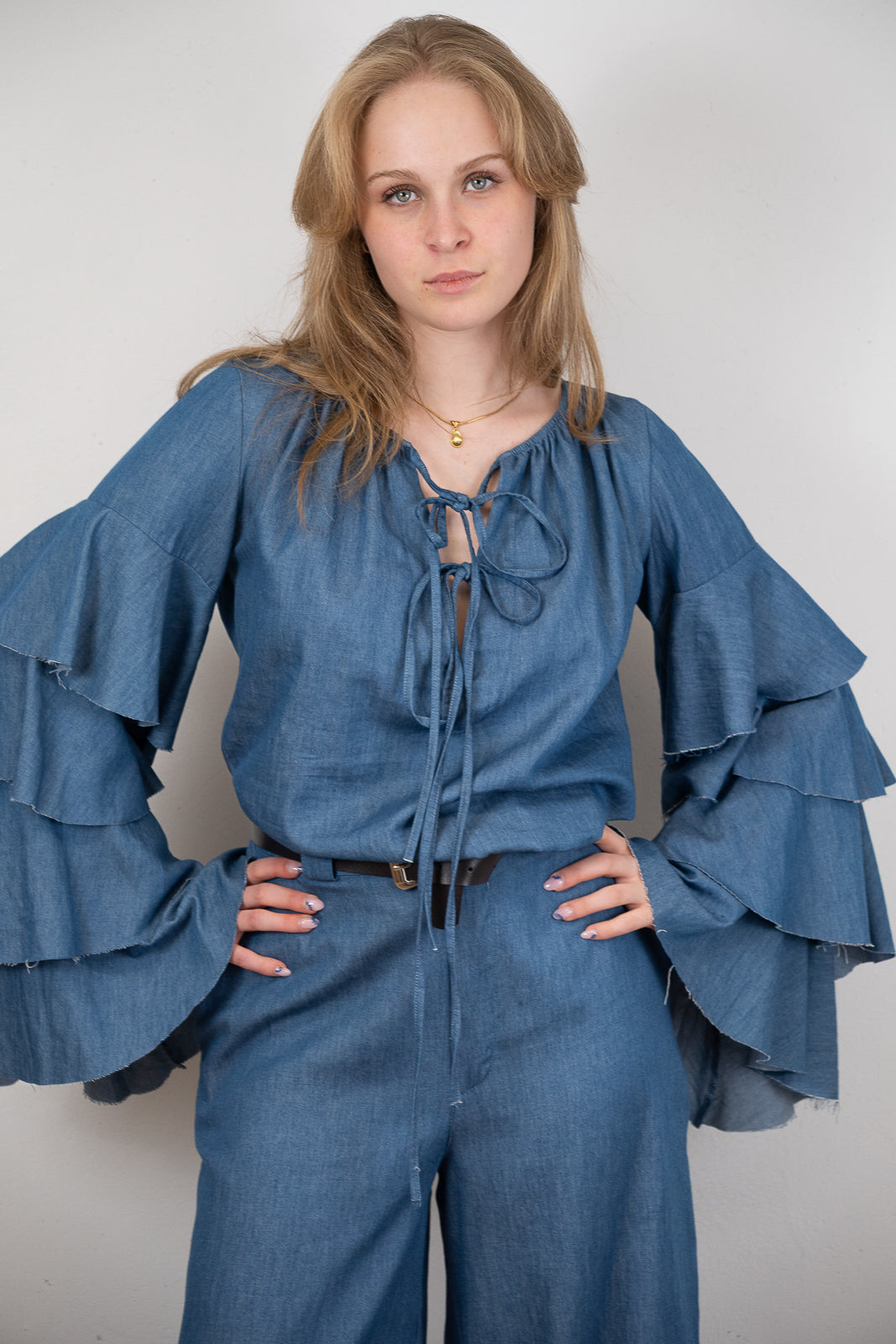 Denim Ruffled-Sleeve Blouse