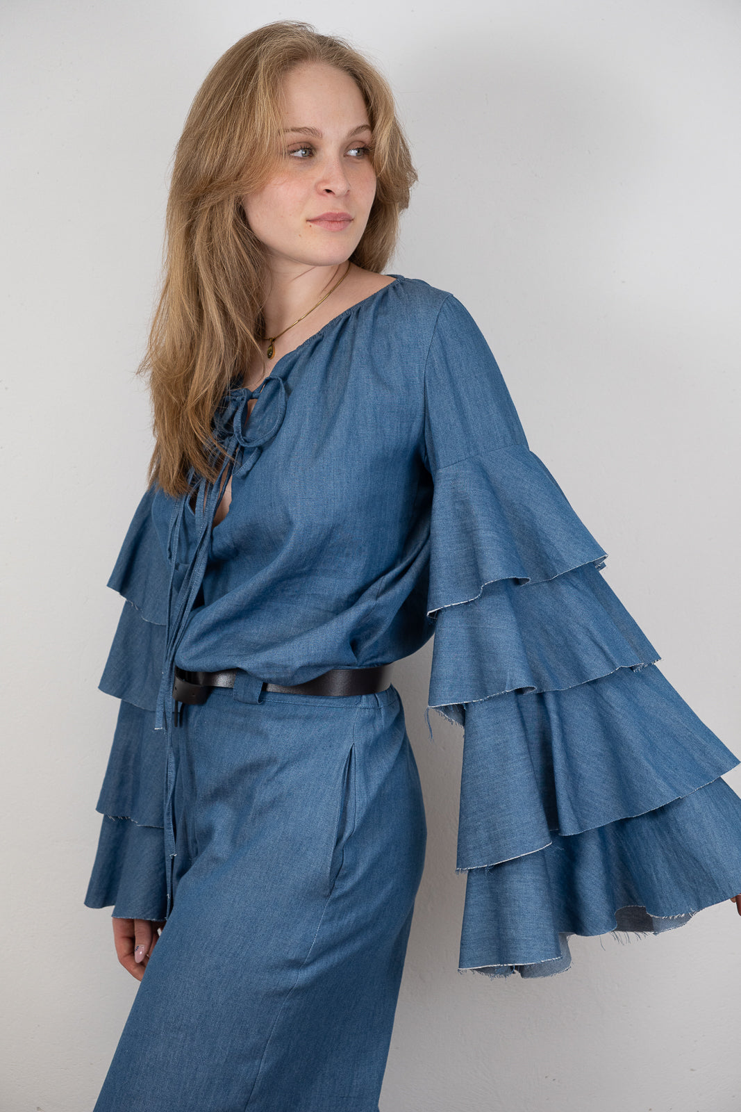 Denim Ruffled-Sleeve Blouse
