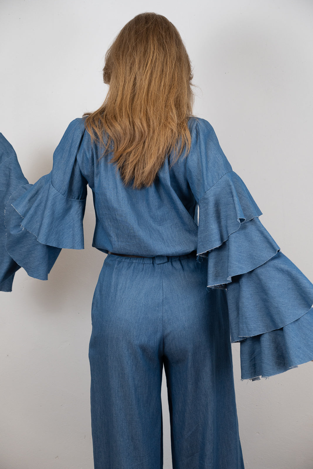 Denim Ruffled-Sleeve Blouse