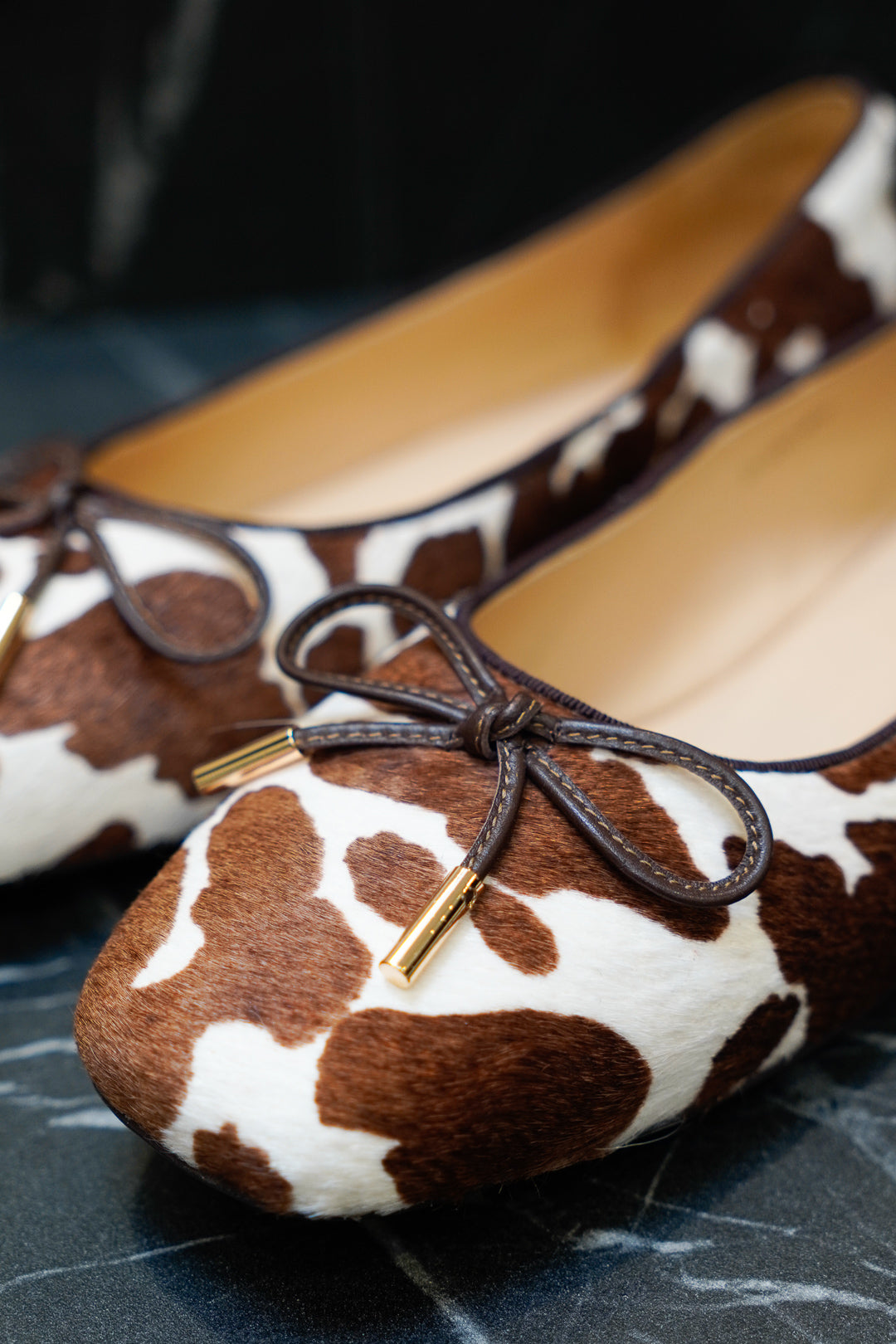 Brown Cow-Print Pony Hair Ballet Flats