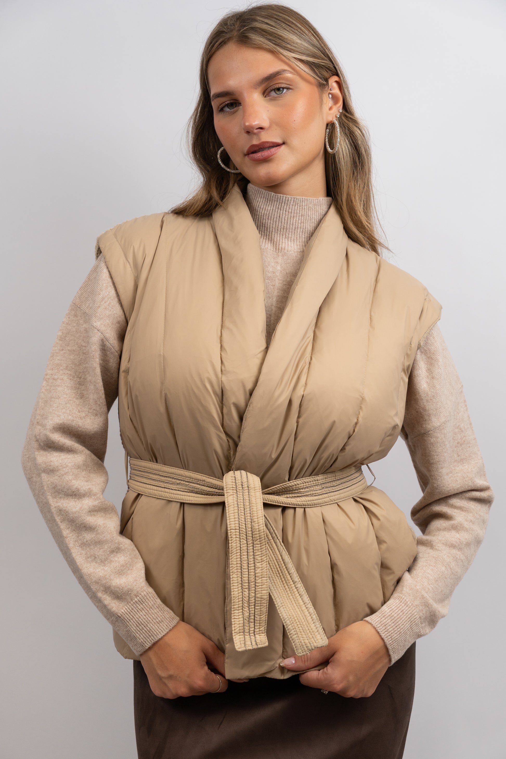 Quilted Knit-Back Belted Vest