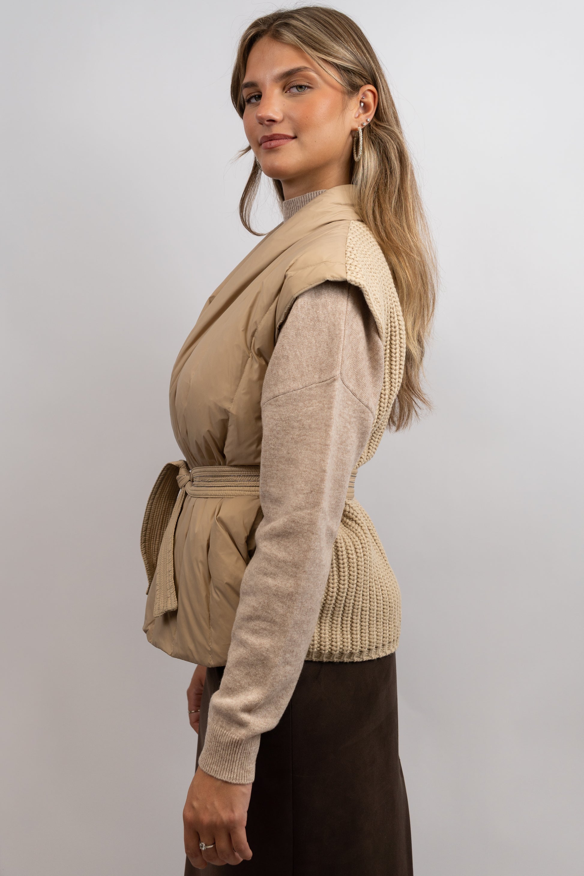 Quilted Knit-Back Belted Vest