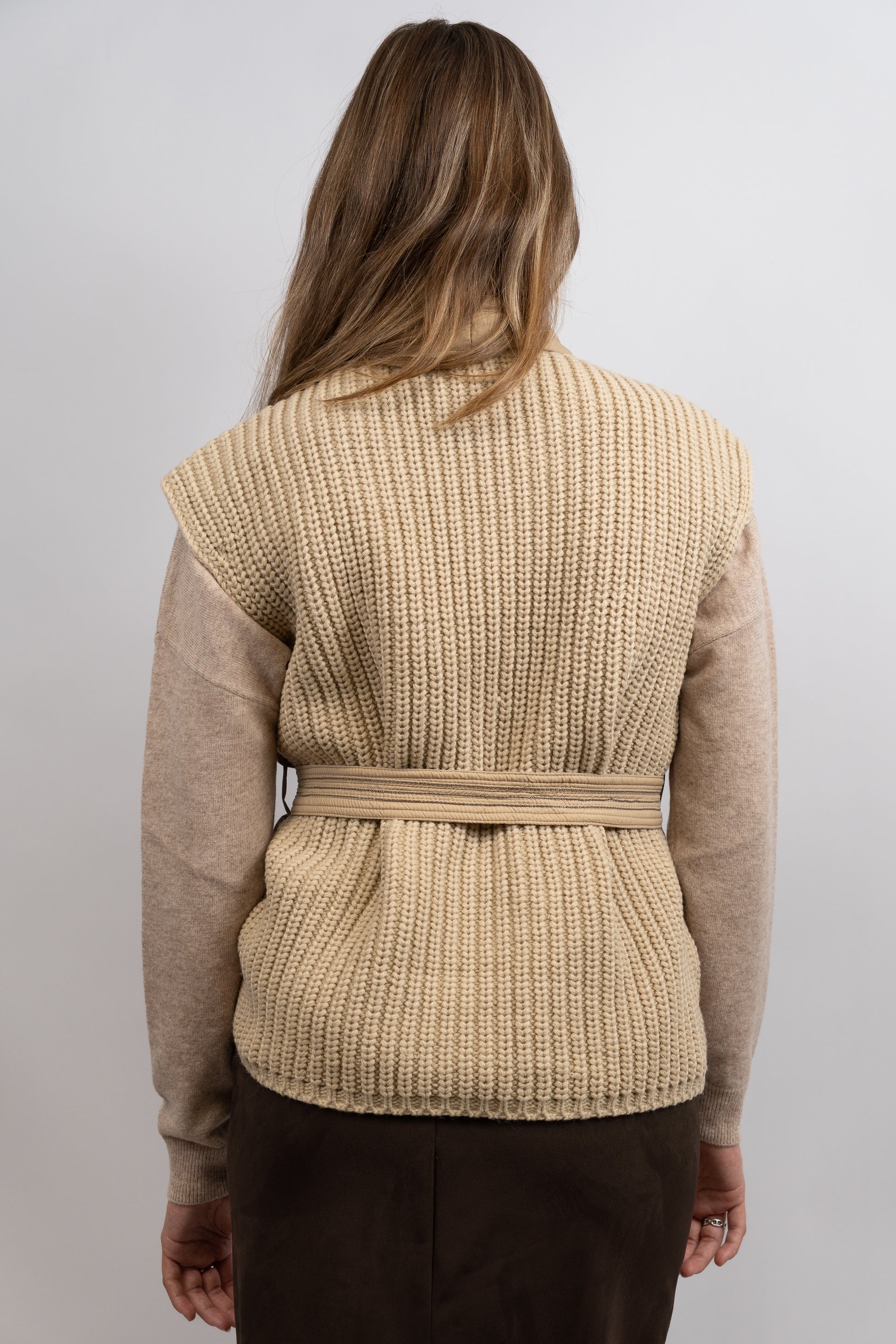 Quilted Knit-Back Belted Vest