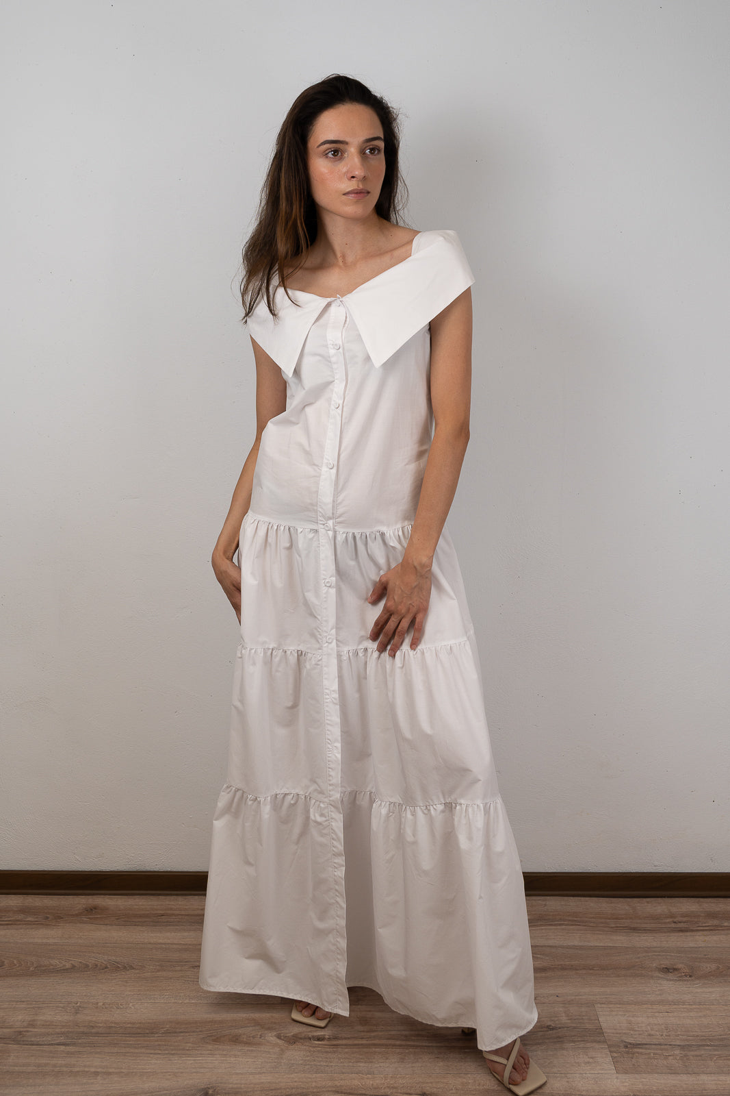 White Off-the-Shoulders Maxi Shirt Dress