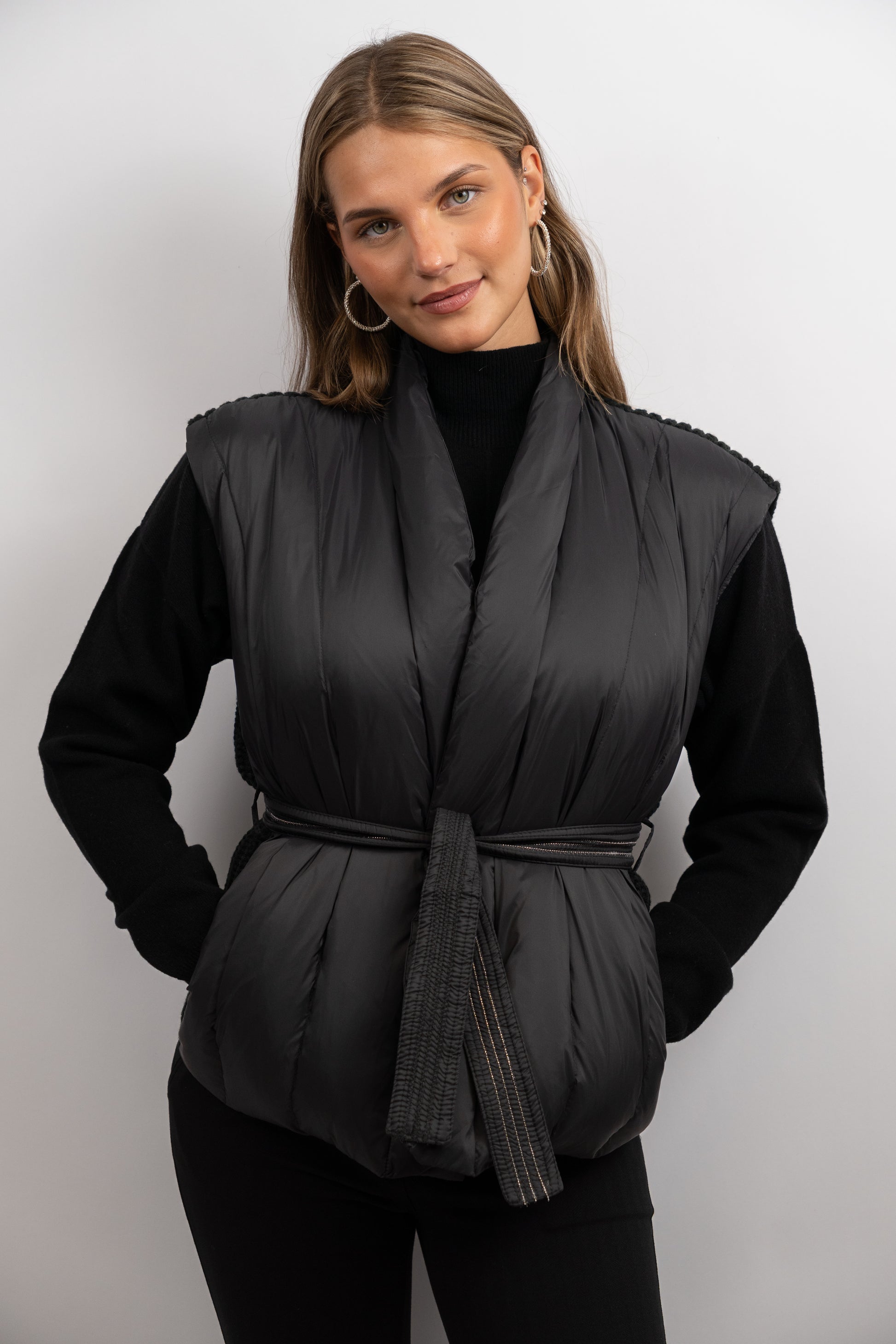 Quilted Knit-Back Belted Vest
