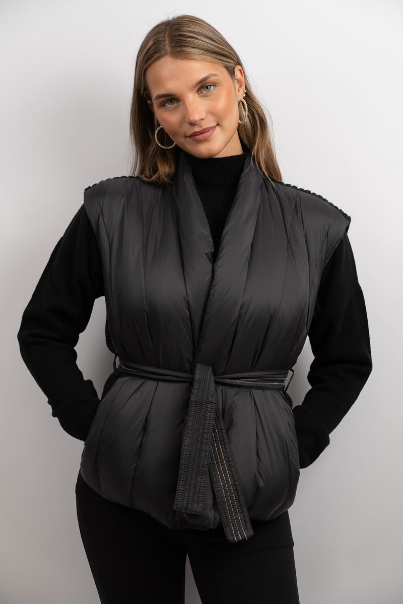 Quilted Knit-Back Belted Vest