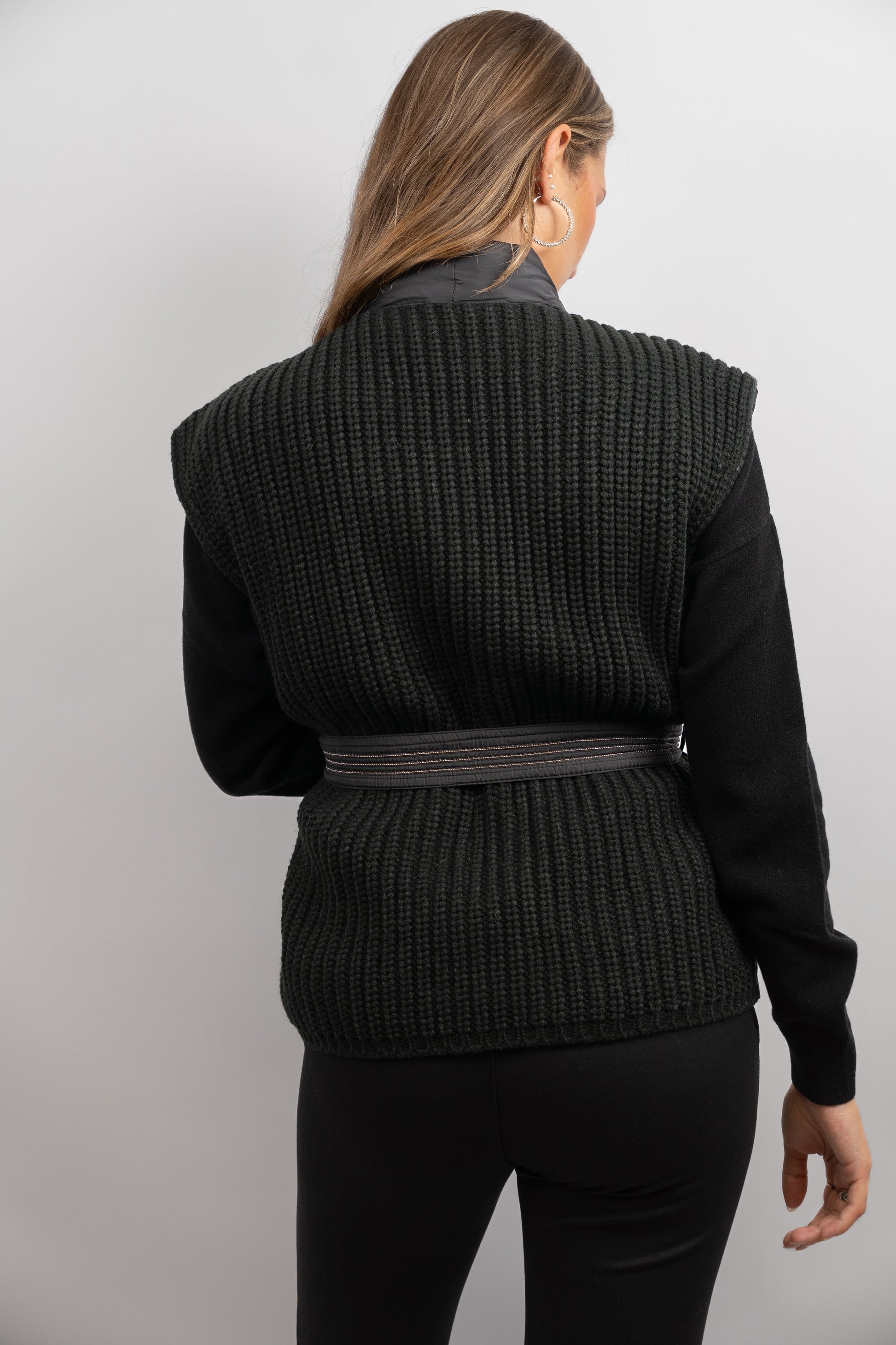 Quilted Knit-Back Belted Vest