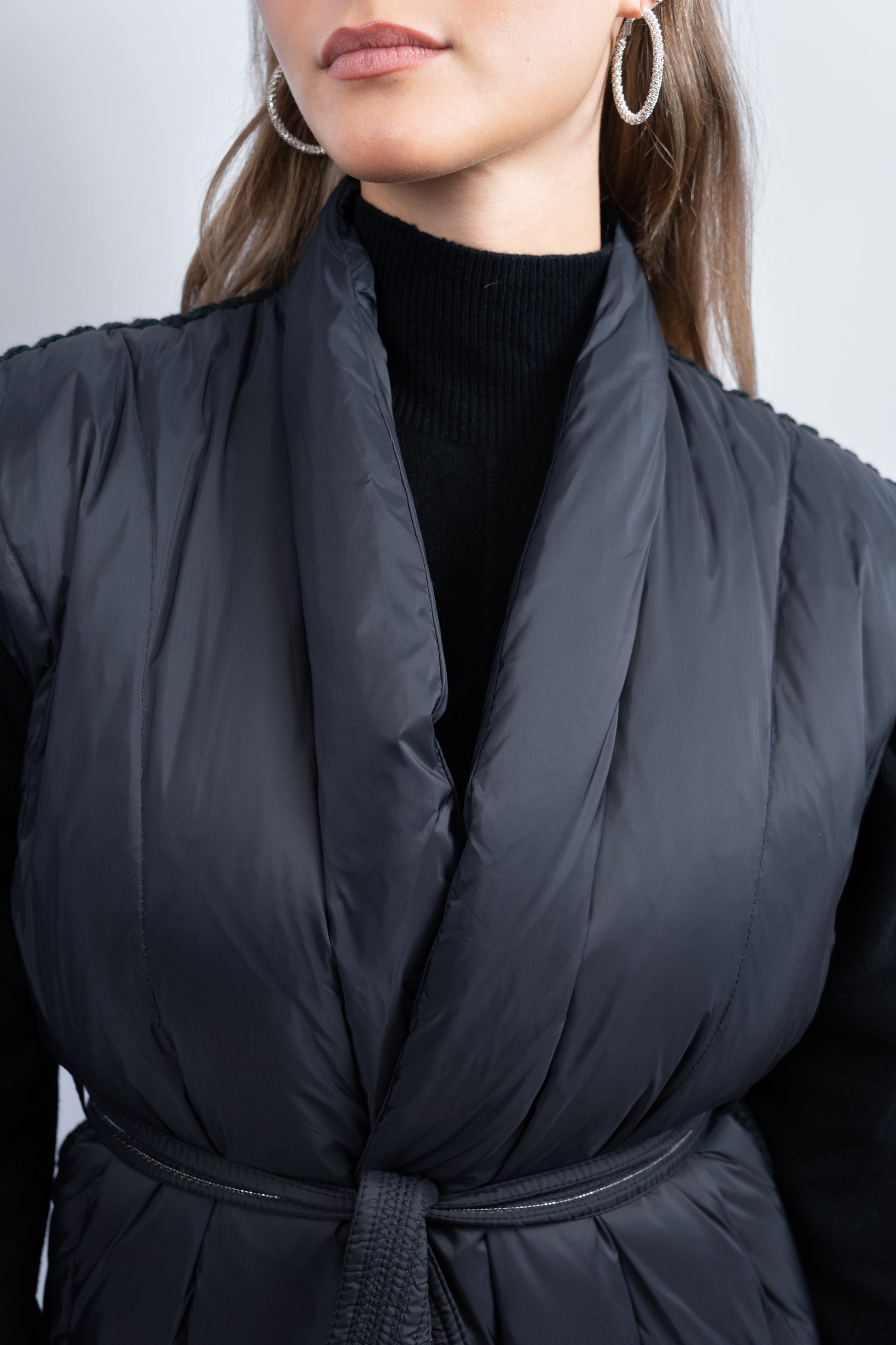 Quilted Knit-Back Belted Vest