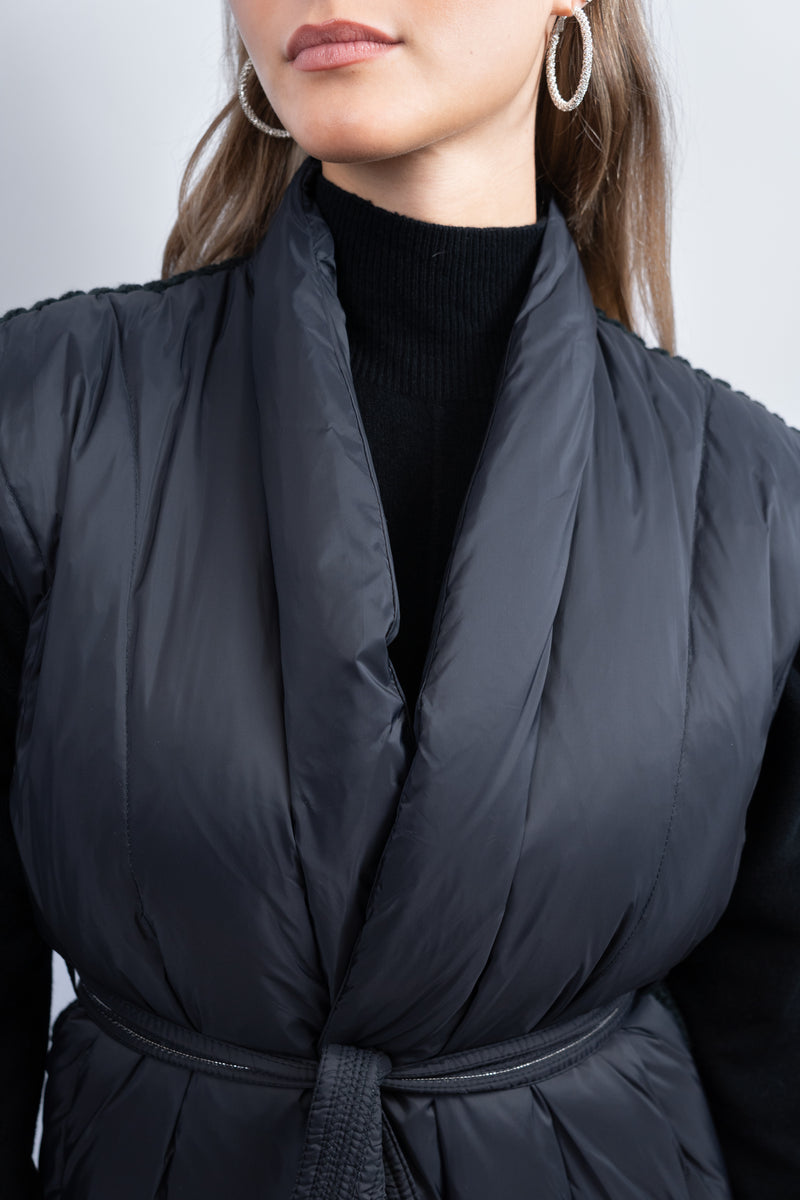 Quilted Knit-Back Belted Vest
