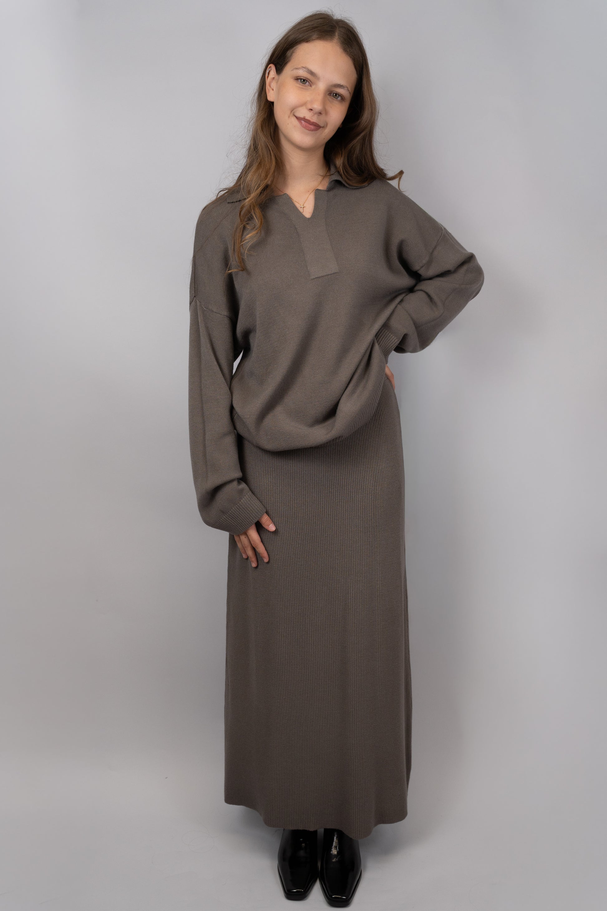 Knit Polo Top & Maxi Skirt Set