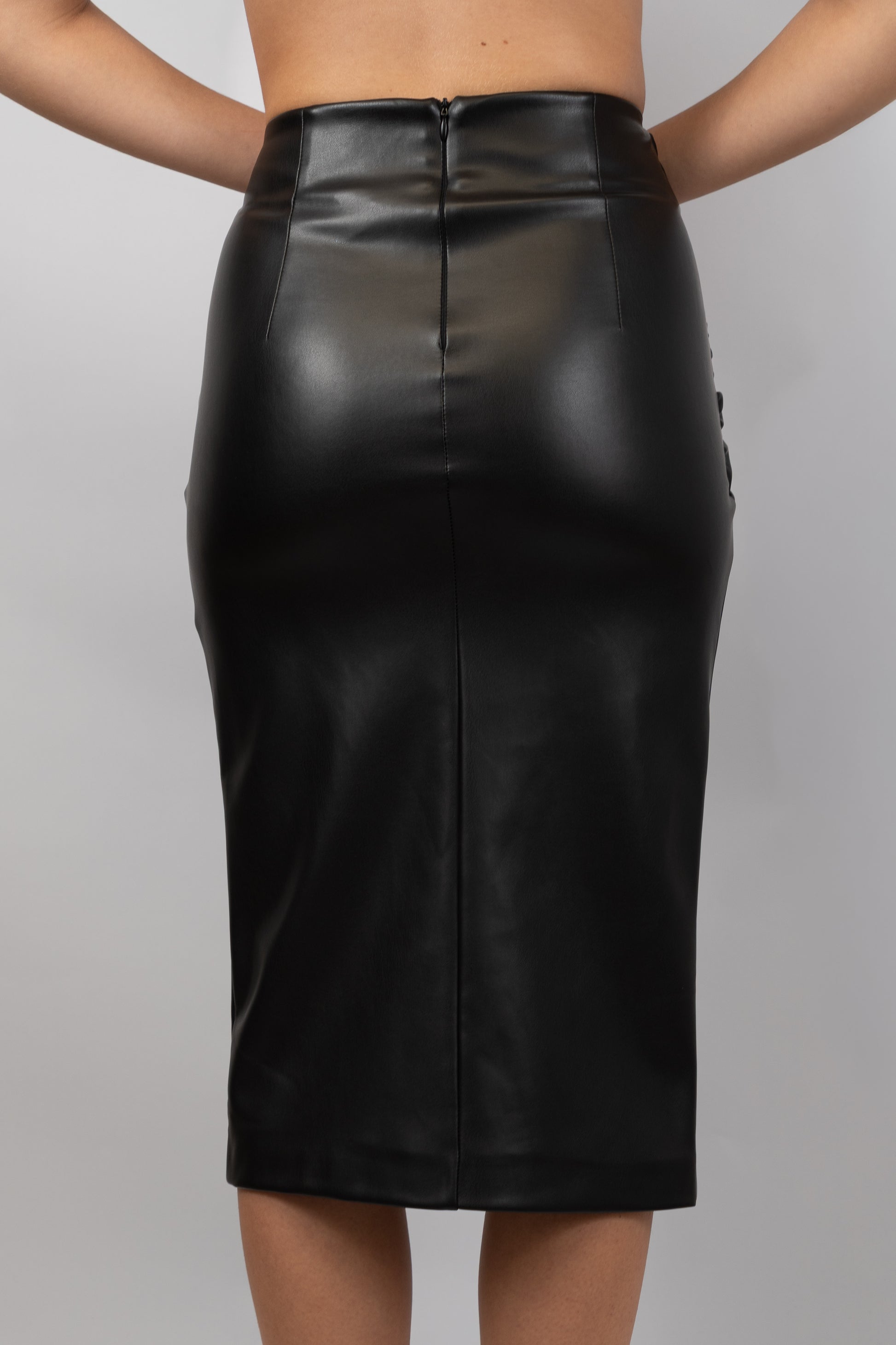 Draped Faux Leather Midi Skirt