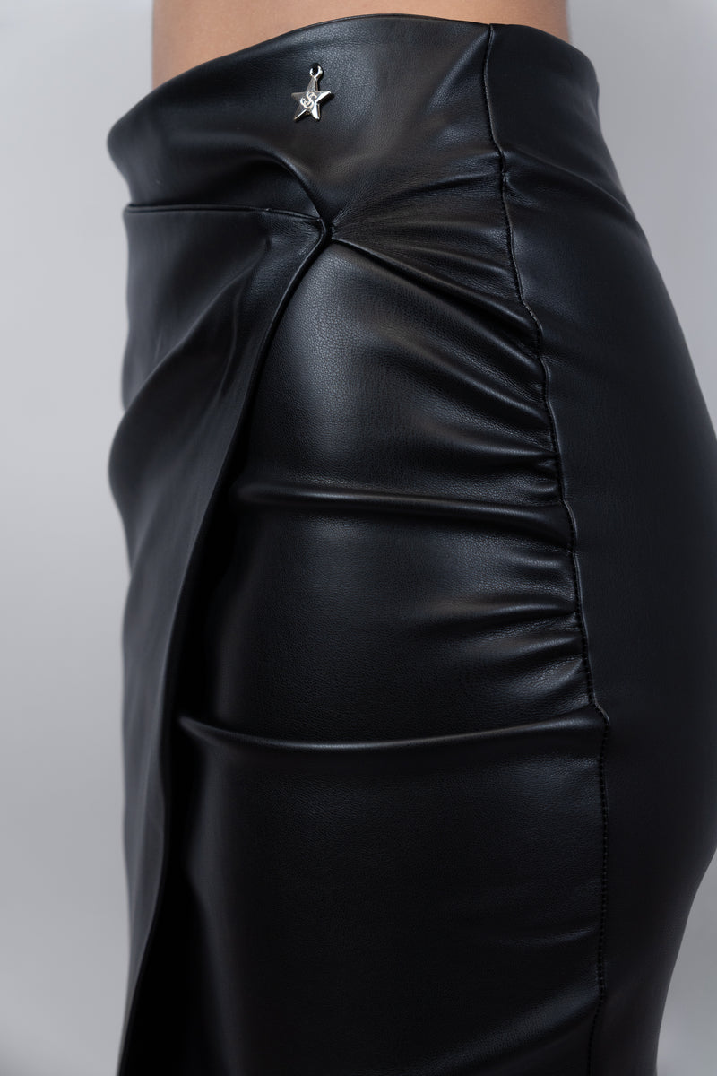 Draped Faux Leather Midi Skirt