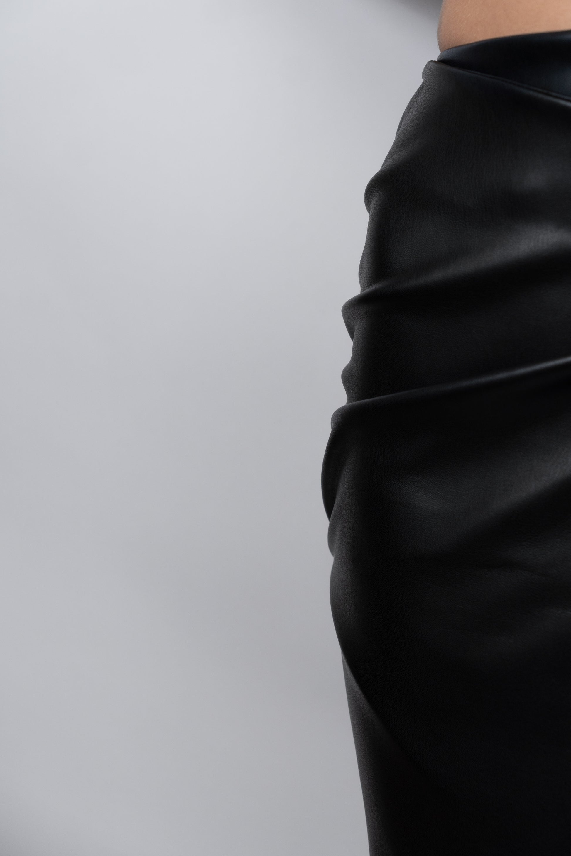 Draped Faux Leather Midi Skirt